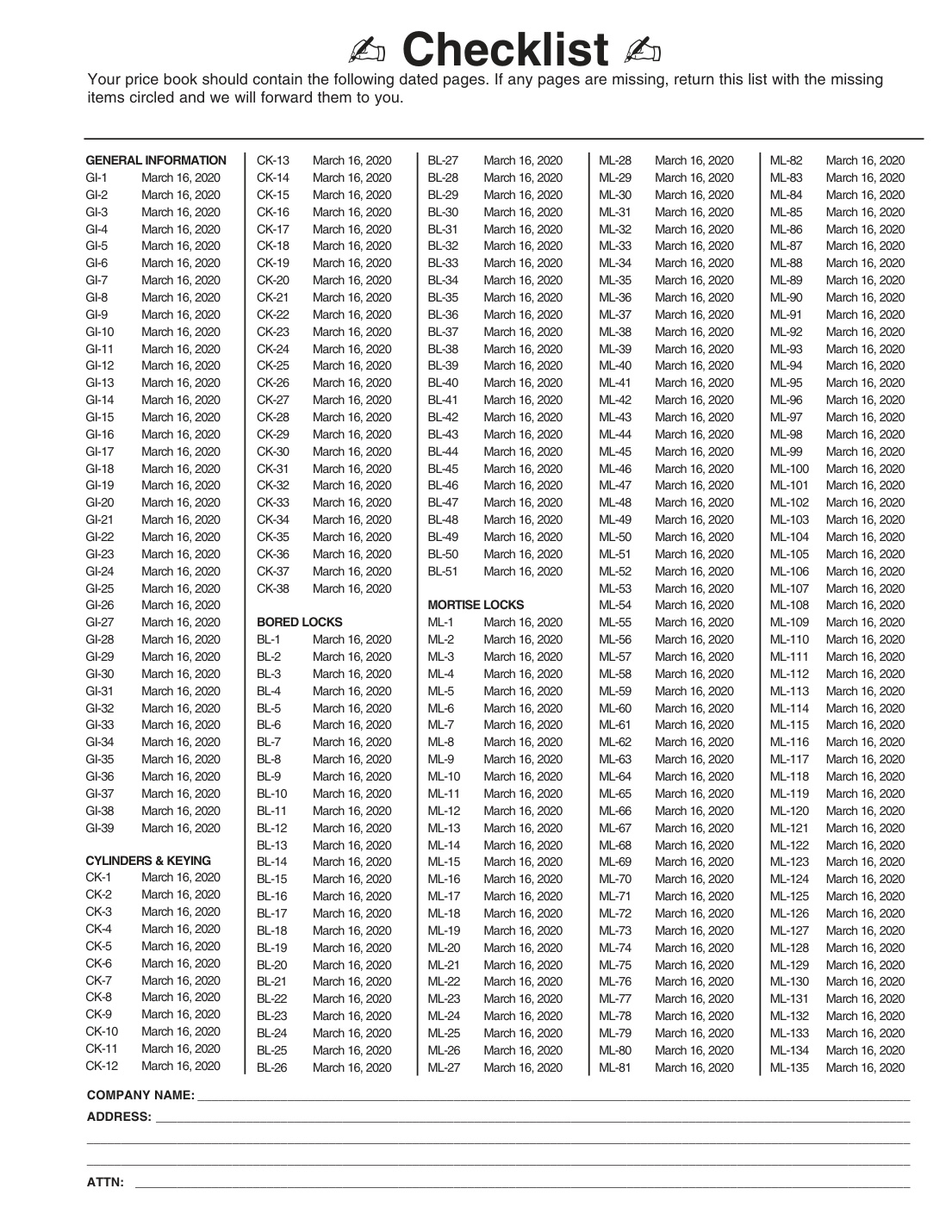 First page of 2020 Sargent Pricebook
