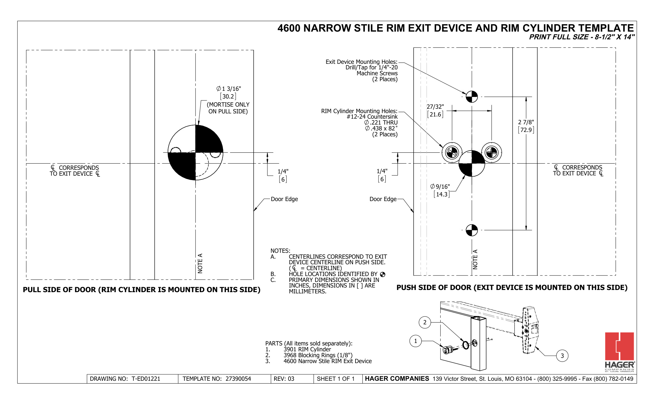 4600 Narrow Stile Exit Device and Rim Cylinder Template t-ed01221 diagram on page 1