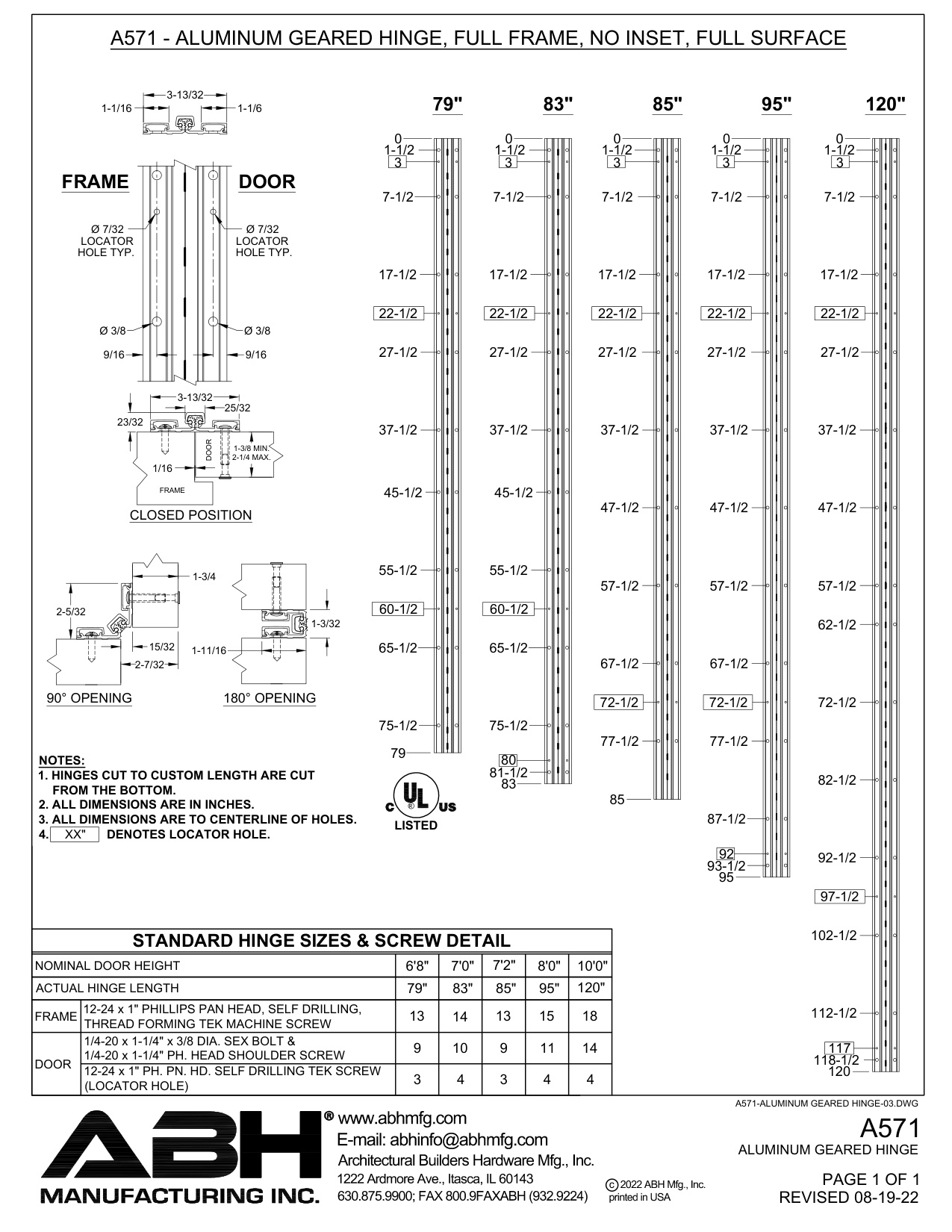 A571HD Aluminum Continuous Gear Hinges Full Surface Frame to Door – Template diagram on page 1