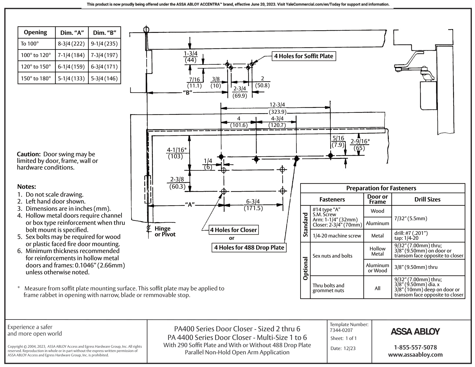 ASSA ABLOY ACCENTRA 4400 Series PA4400 Door Closer Parallel Non-Hold Open Arm with 290 Plate_7344-0207 diagram on page 1