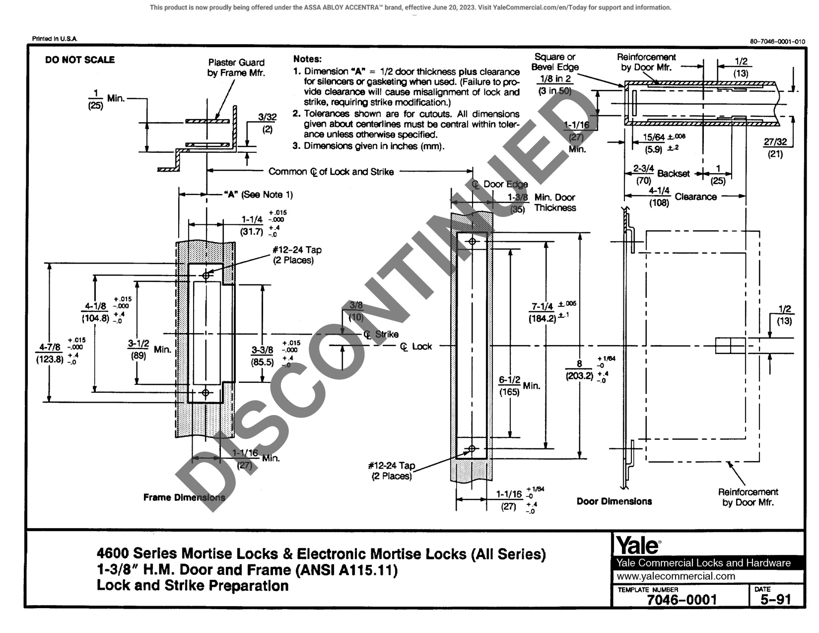 ASSA ABLOY ACCENTRA 4600 1-3, 8 Door & Frame Prep HMxHM Template_7046-0001 diagram on page 1