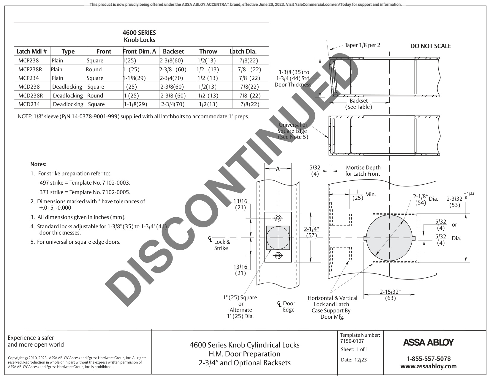 ASSA ABLOY ACCENTRA 4600 Series Cylindrical Locks 2-3, 4 and Optional Backsets H.M. Door Template_7150-0107 diagram on page 1