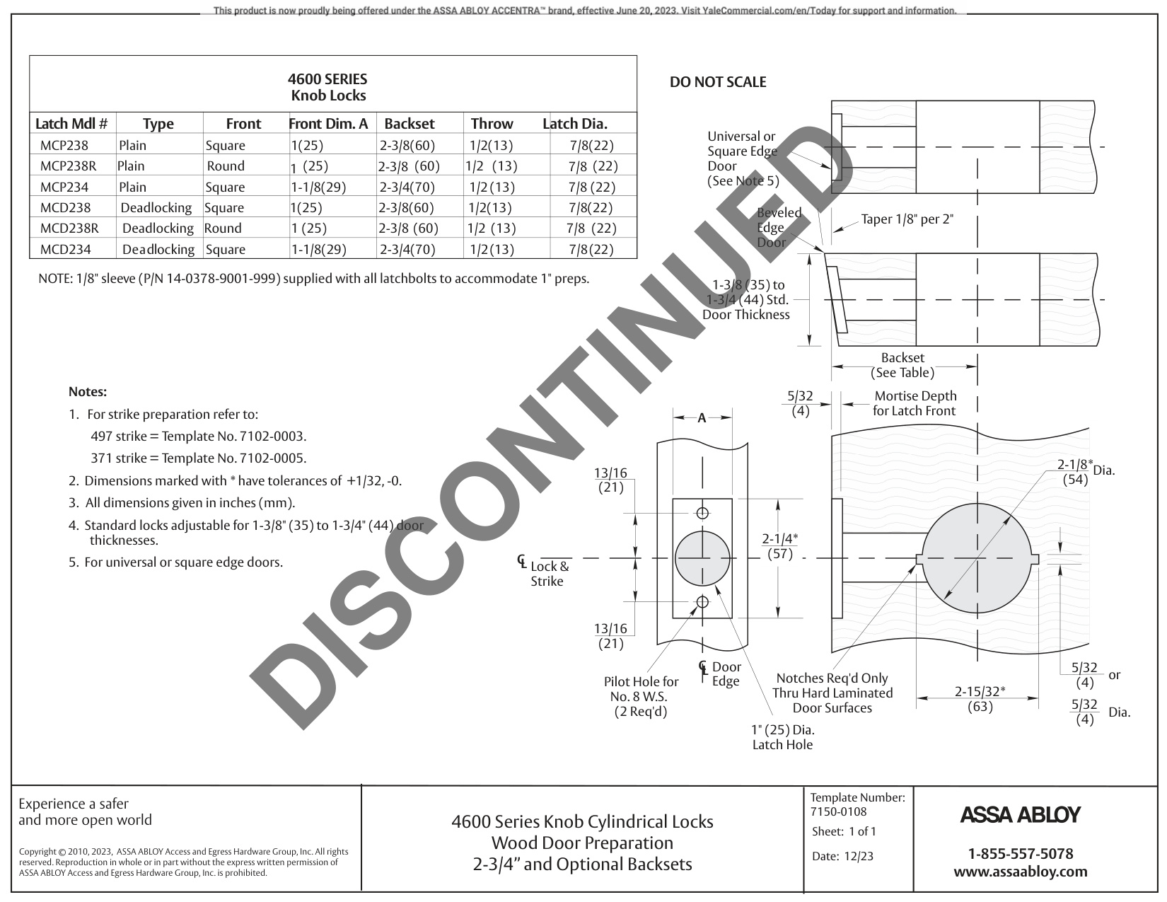 ASSA ABLOY ACCENTRA 4600 Series Cylindrical Locks 2-3, 4 and Optional Backsets Wood Door Template_7150-0108 diagram on page 1