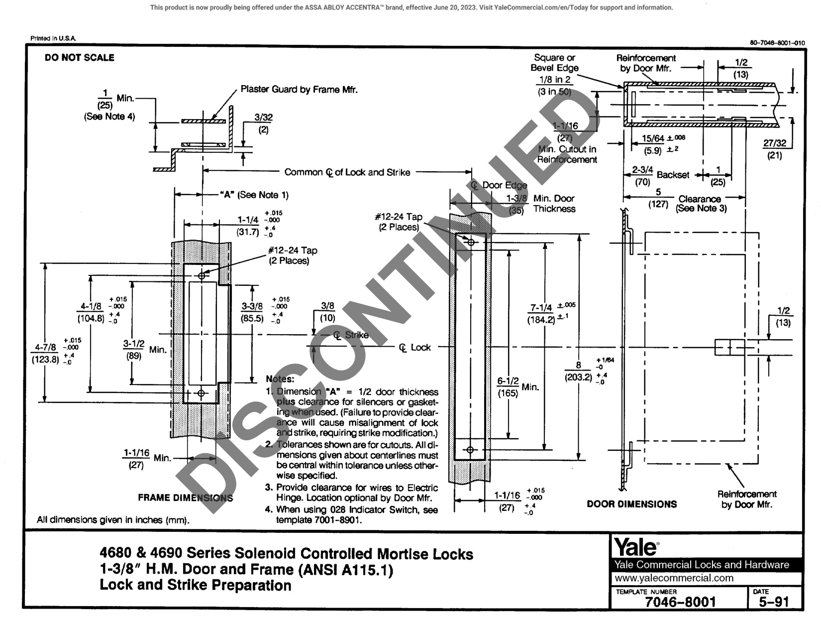ASSA ABLOY ACCENTRA 4680, 4690 1-3, 8 Door & Frame Prep for Solenoid Controlled Locks Template_7046-8001 diagram on page 1