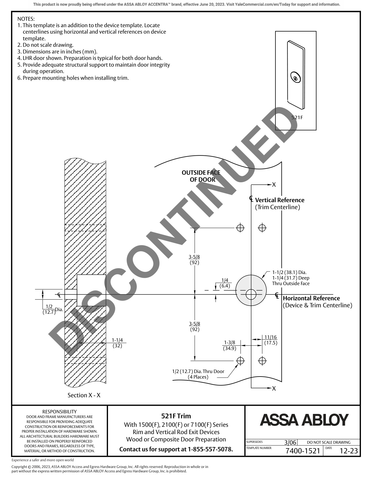 ASSA ABLOY ACCENTRA 521F Trim for 1500(F), 2100(F), and 7100(F) Series Narrow Stile Rim, SVR, CVR_7400-1521 diagram on page 1