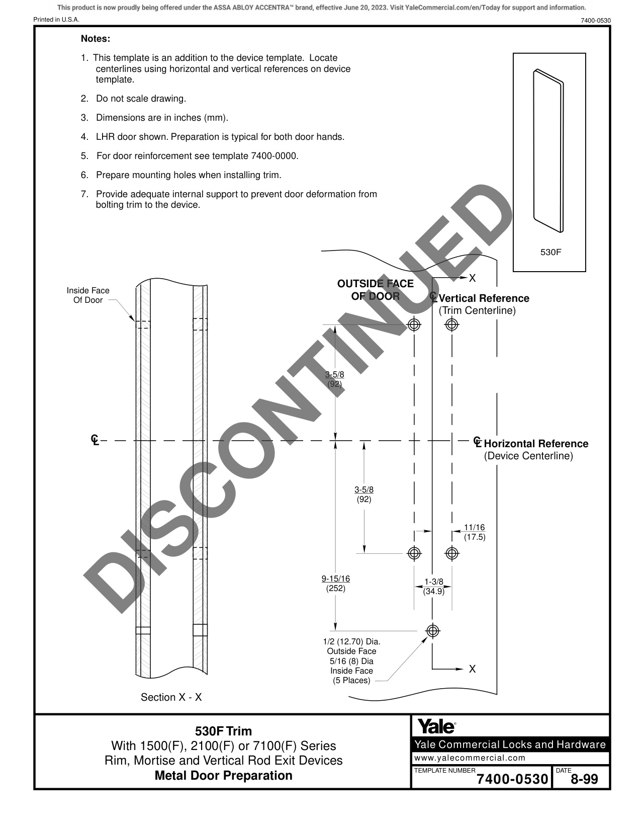 ASSA ABLOY ACCENTRA 530F Trim for 1500(F), 2100(F), and 7100(F) Series Narrow Stile Rim, Mortise_7400-0530 diagram on page 1