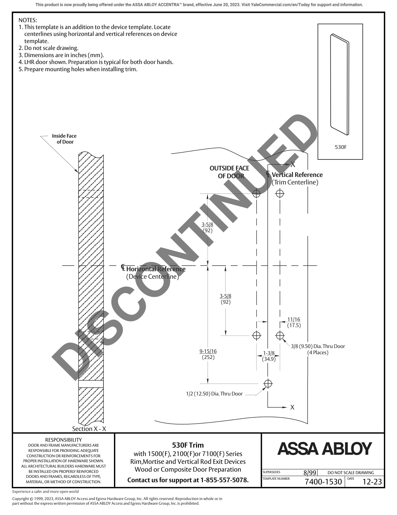ASSA ABLOY ACCENTRA 530F Trim for 1500(F), 2100(F), and 7100(F) Series Narrow Stile Rim, Mortise_7400-1530 diagram on page 1