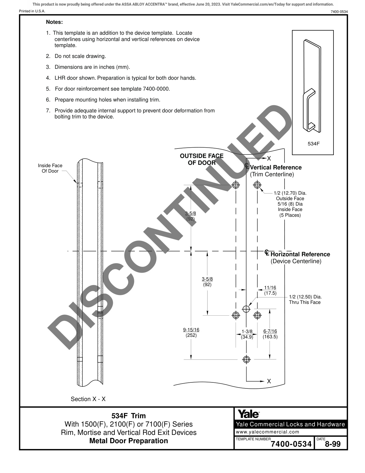 ASSA ABLOY ACCENTRA 534F Trim for 1500(F), 2100(F), and 7100(F) Series Narrow Stile Rim, Mortise_7400-0534 diagram on page 1