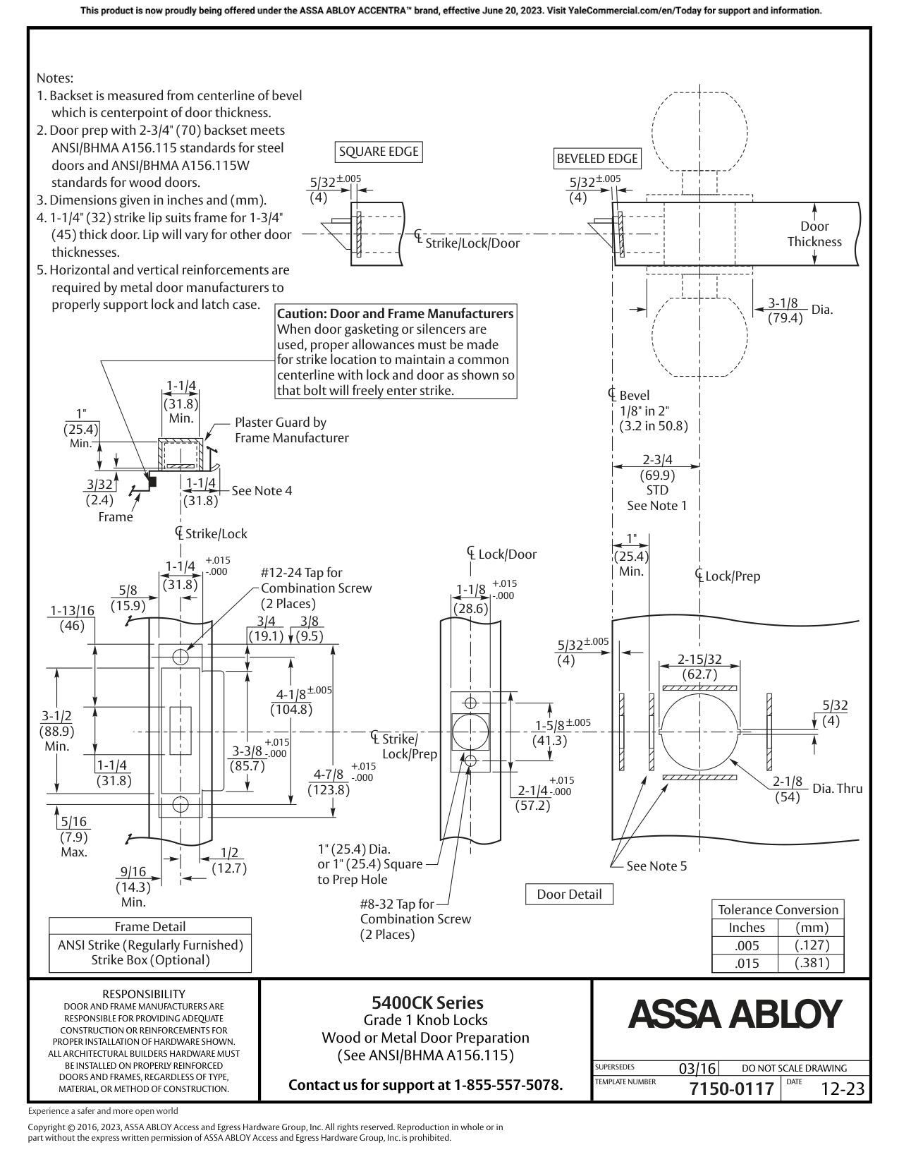 ASSA ABLOY ACCENTRA 5400CK Series Cylindrical Locks Wood or Metal Door Template_7150-0117 diagram on page 1
