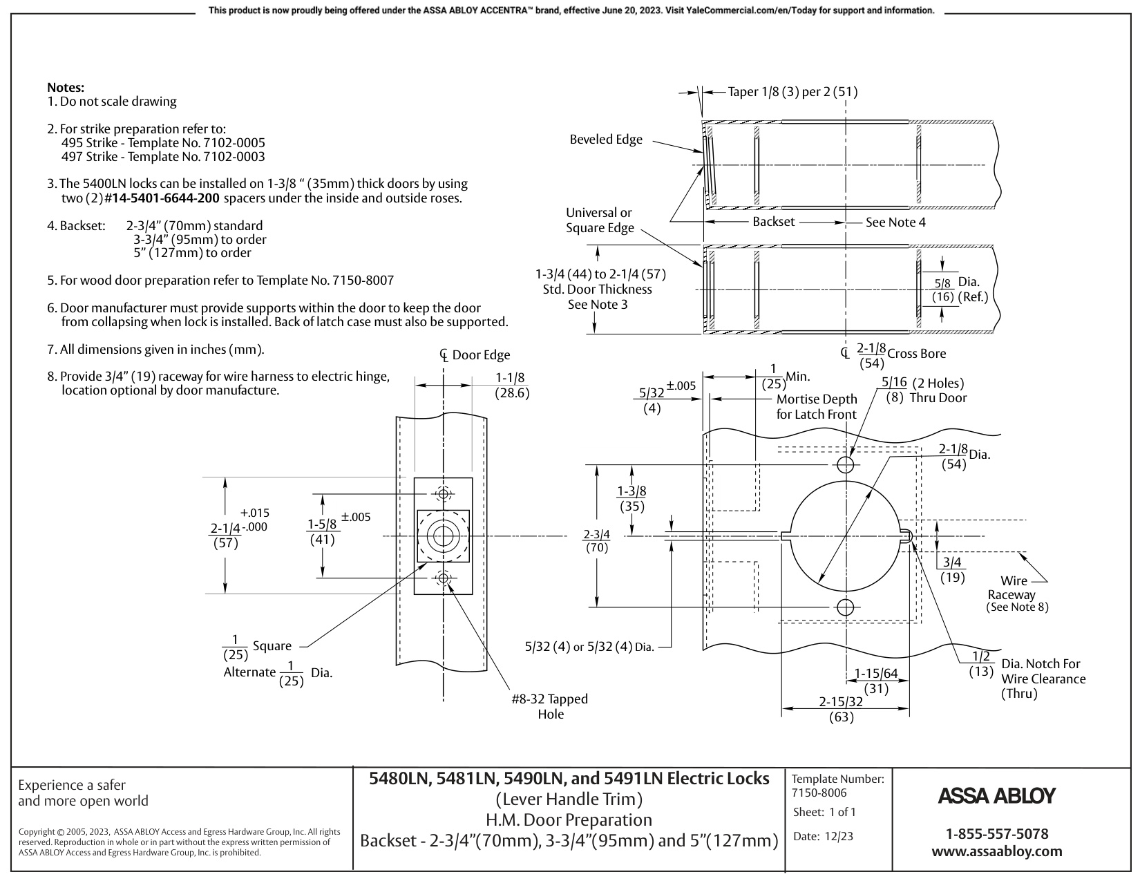 ASSA ABLOY ACCENTRA 5400LN Series Cylindrical Locks 80, 81, 90, 91 (Electric) Functions 2-3, 4, 3-3, 4, and 5 B…_7150-8006 di