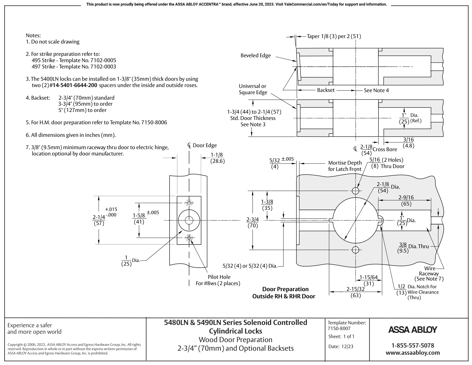 ASSA ABLOY ACCENTRA 5400LN Series Cylindrical Locks 80 and 90 (Solenoid Controlled) Functions 2-3, 4 and Optiona…_7150-8007 d