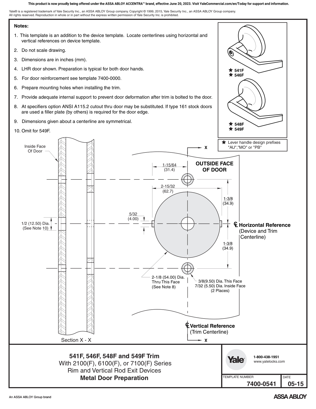 ASSA ABLOY ACCENTRA 541F, 546F, 548F and 549F Trim for 2100(F), 6100ED(F), and 7100(F) Series Narrow_7400-0541 diagram on pag