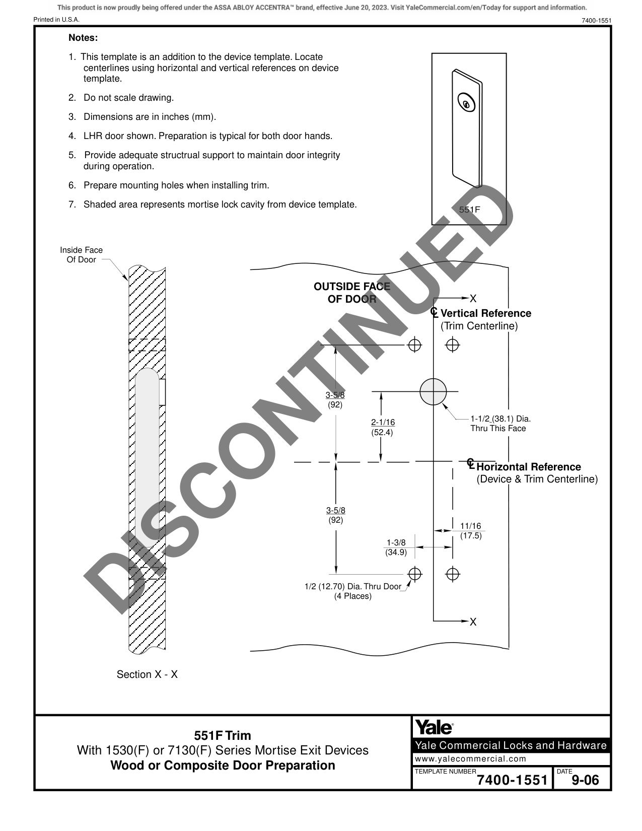 ASSA ABLOY ACCENTRA 551F Trim for 1530(F) or 7130(F) Narrow Stile Mortise Wood or Composite Doors_7400-1551 diagram on page 1