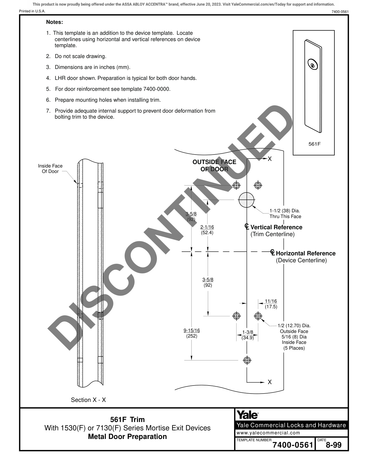 ASSA ABLOY ACCENTRA 561F Trim for 1530(F) or 7130(F) Narrow Stile Mortise Metal Doors Template_7400-0561 diagram on page 1