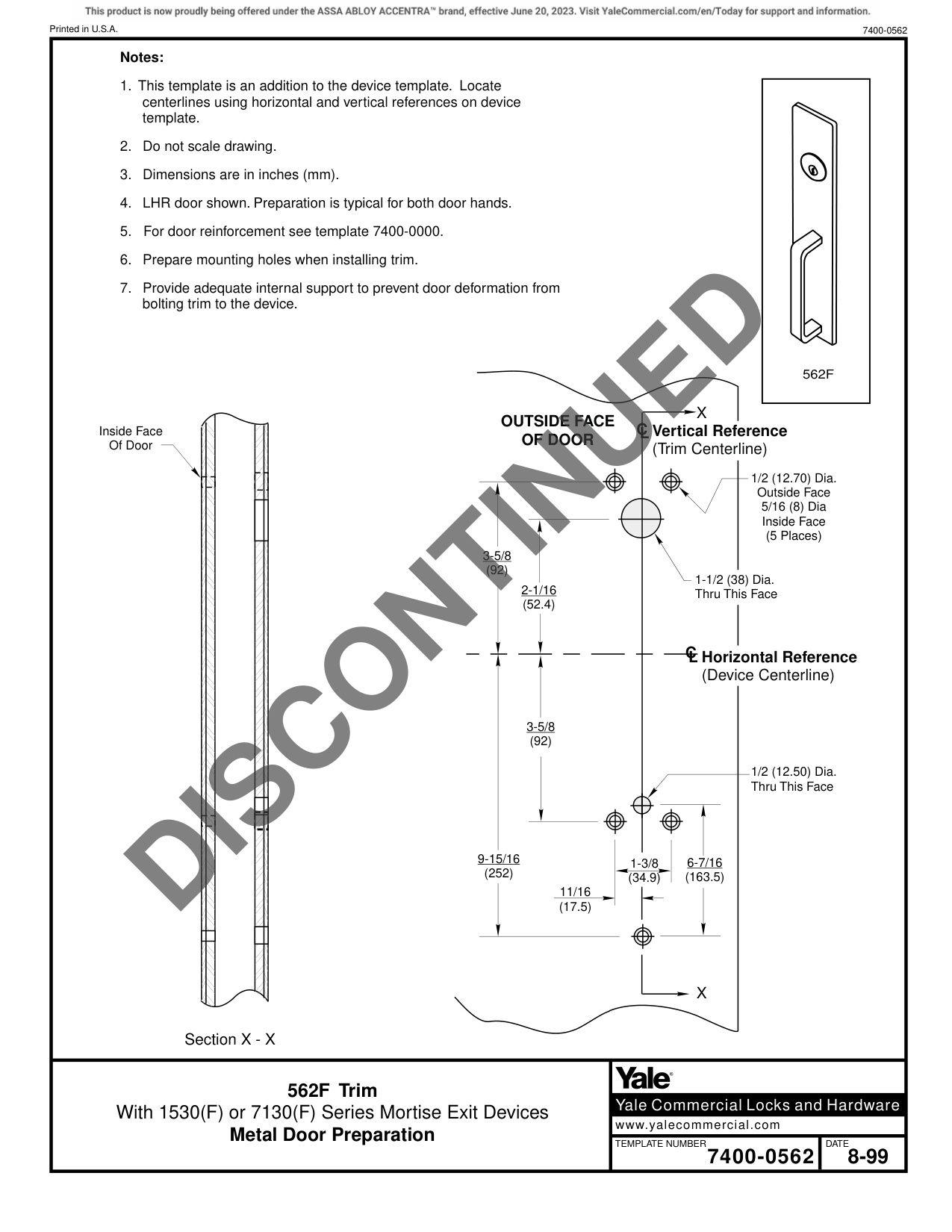 ASSA ABLOY ACCENTRA 562F Trim for 1530(F) or 7130(F) Narrow Stile Mortise Metal Doors Template_7400-0562 diagram on page 1
