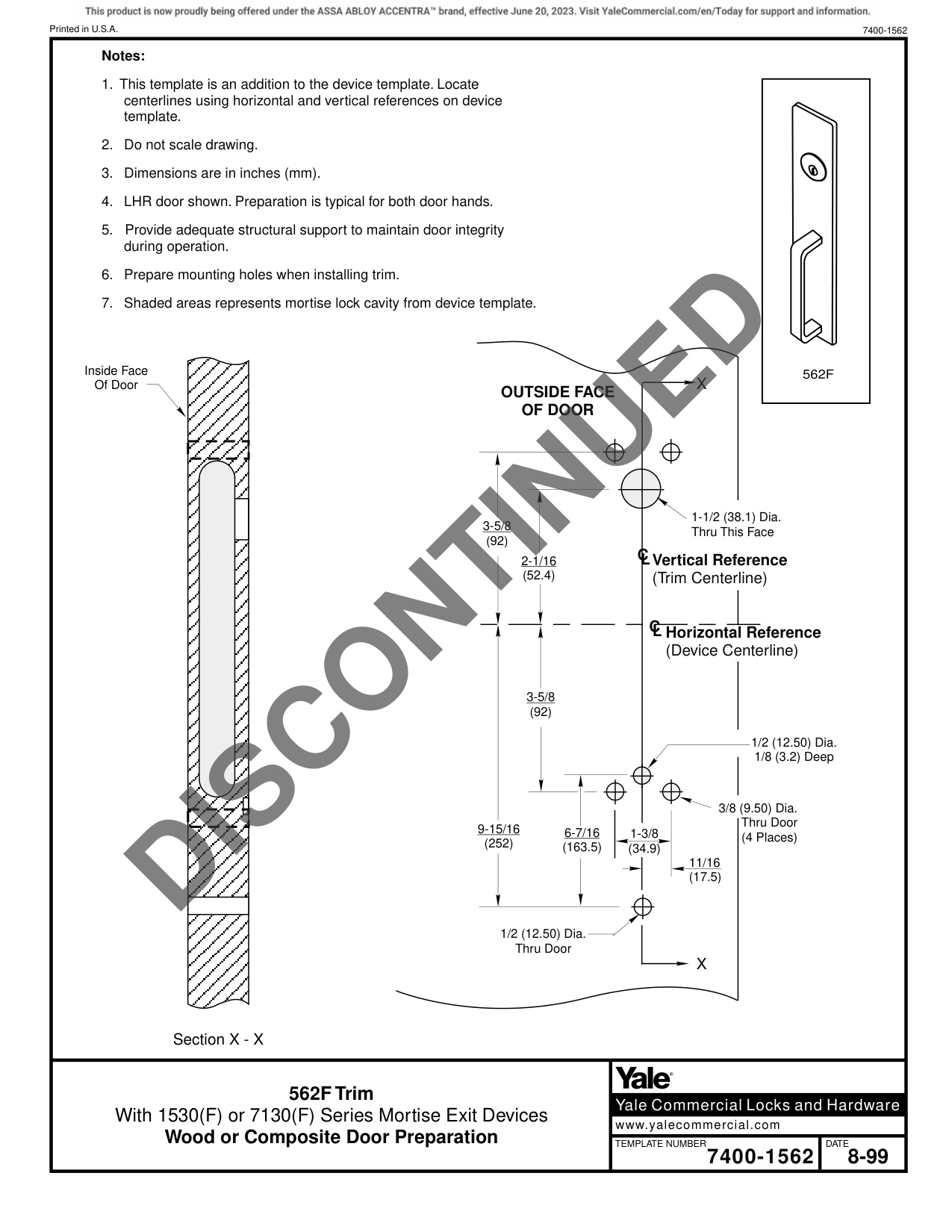 ASSA ABLOY ACCENTRA 562F Trim for 1530(F) or 7130(F) Narrow Stile Mortise Wood or Composite Doors_7400-1562 diagram on page 1