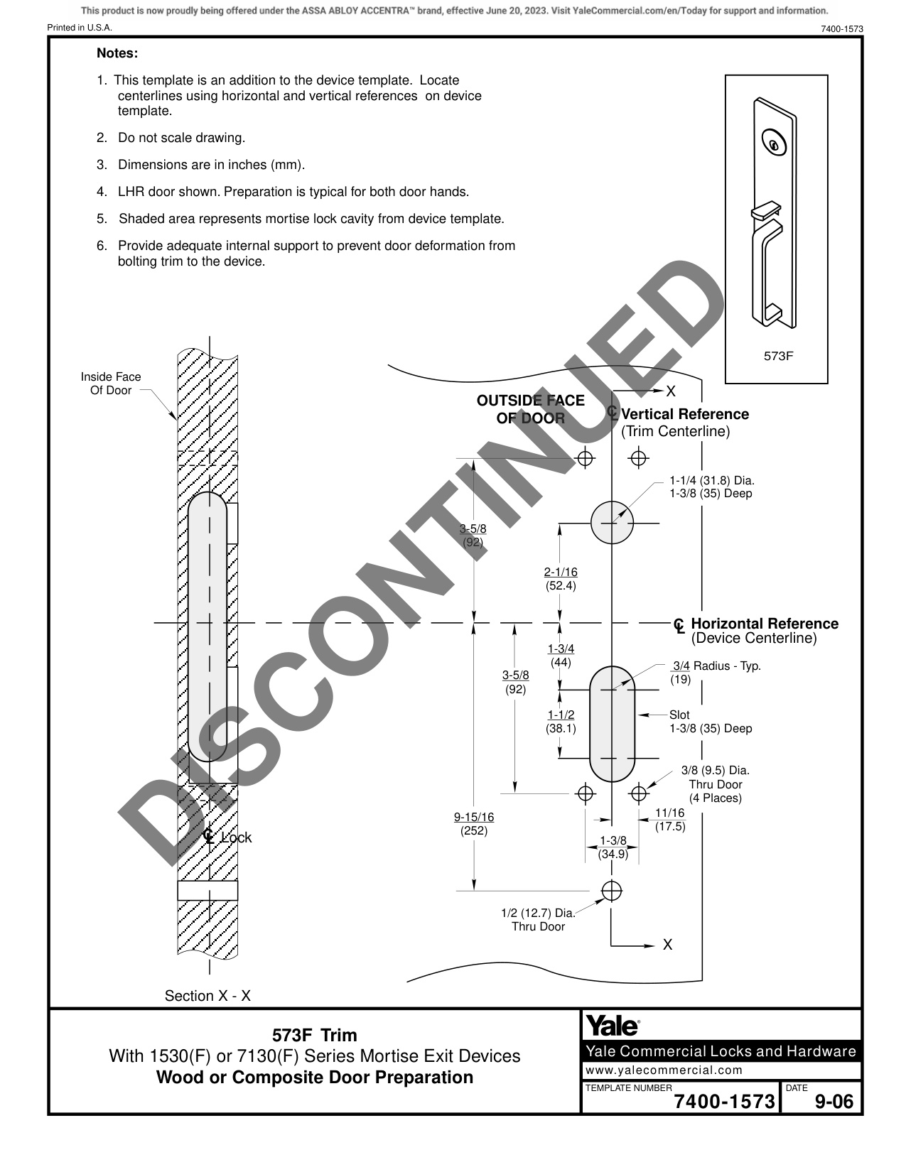 ASSA ABLOY ACCENTRA 573F Trim for 1530(F) or 7130(F) Narrow Stile Mortise Wood or Composite Doors_7400-1573 diagram on page 1