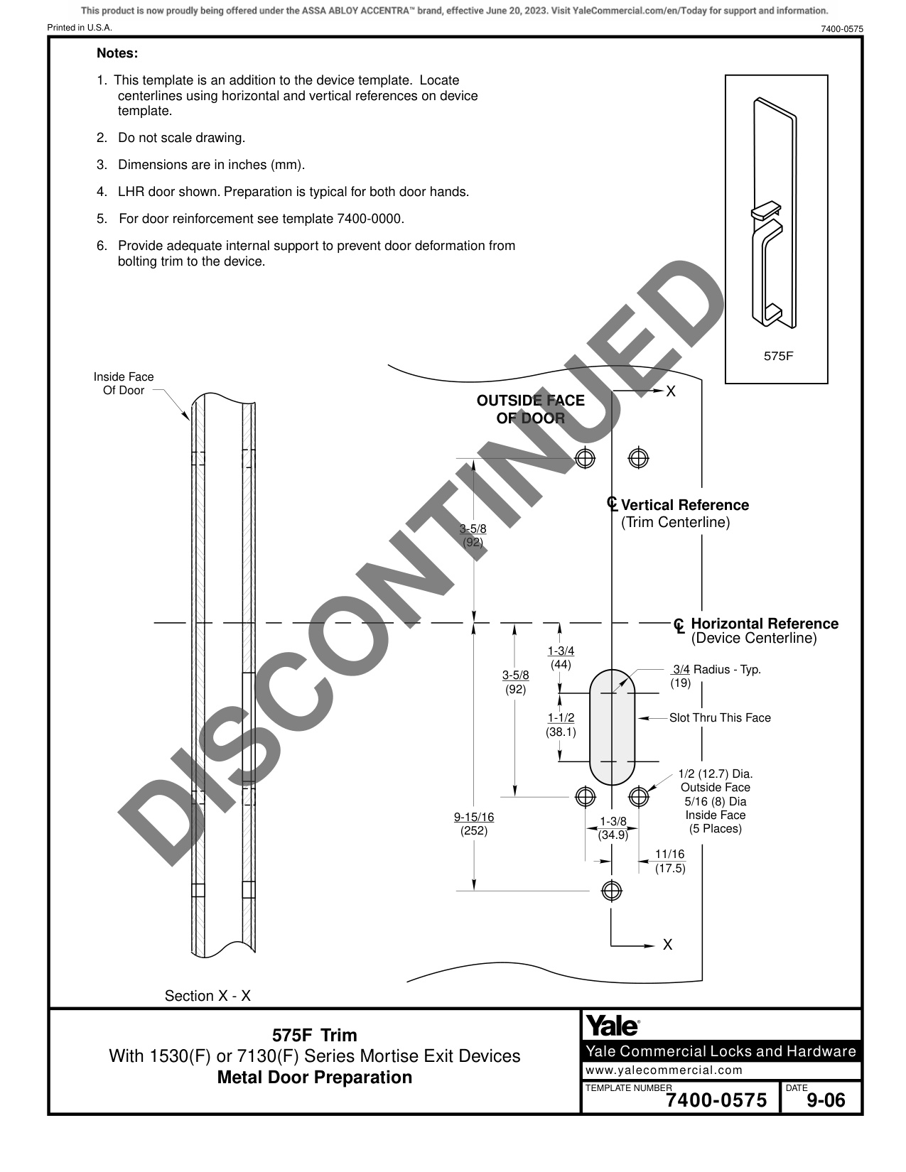 ASSA ABLOY ACCENTRA 575F Trim for 1530(F) or 7130(F) Narrow Stile Mortise Metal Doors Template_7400-0575 diagram on page 1