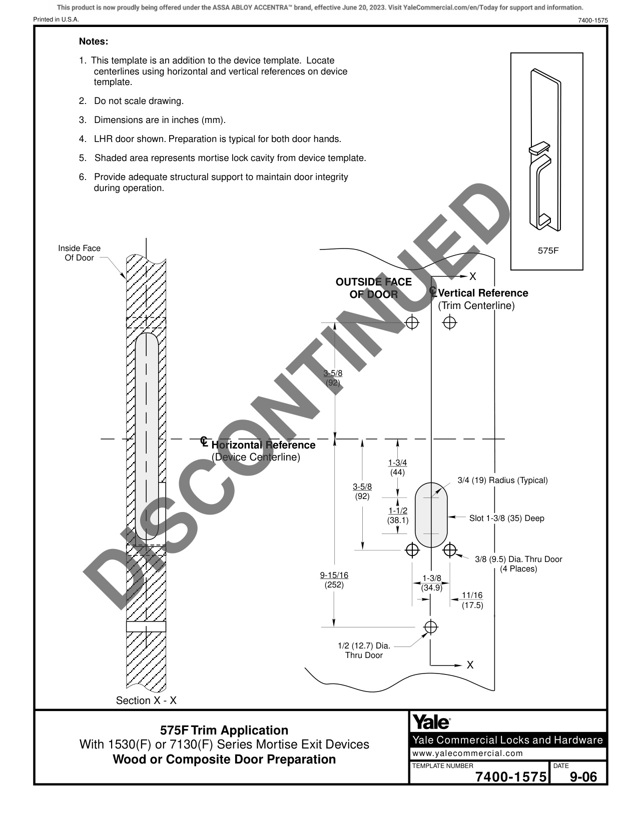 ASSA ABLOY ACCENTRA 575F Trim for 1530(F) or 7130(F) Narrow Stile Mortise Wood or Composite Doors_7400-1575 diagram on page 1