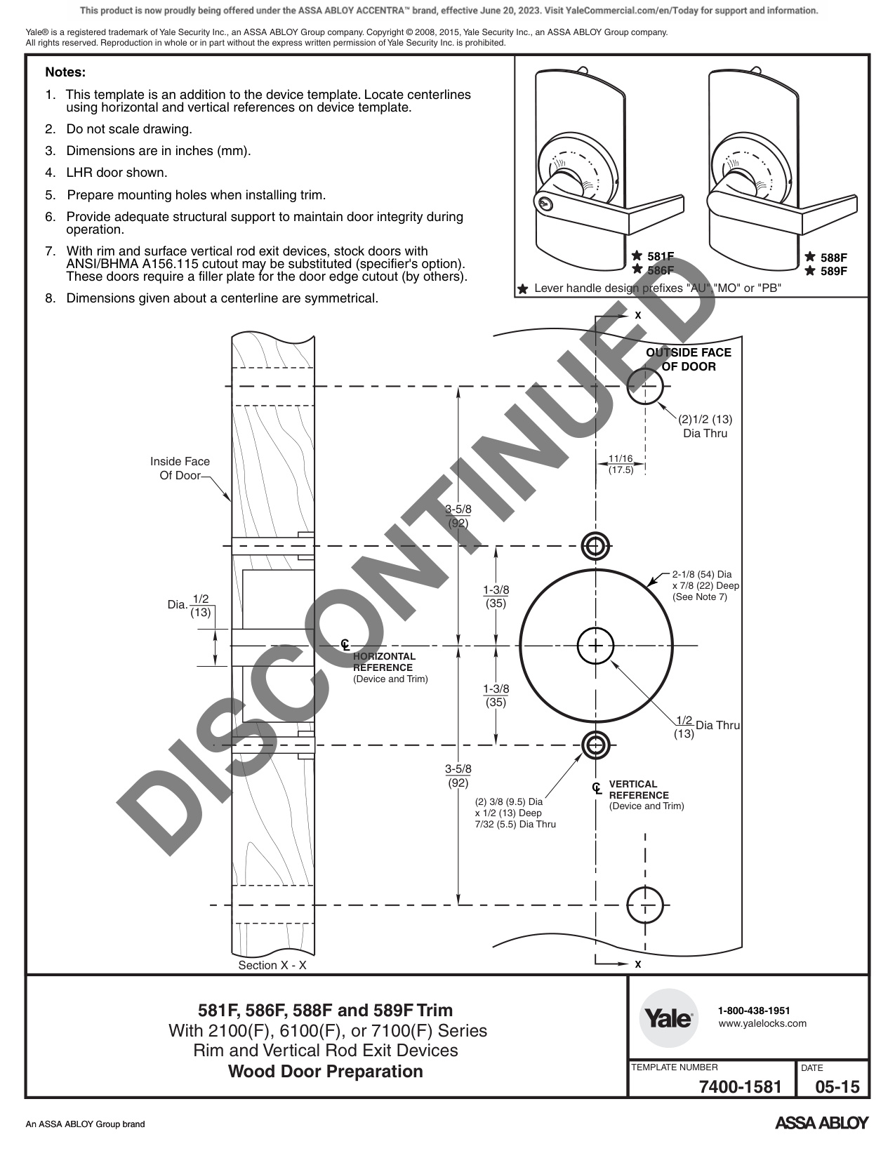 ASSA ABLOY ACCENTRA 581F, 586F, 588F and 589F Trim for 2100(F), 6100(F), and 7100(F) Series Narrow_7400-1581 diagram on page 