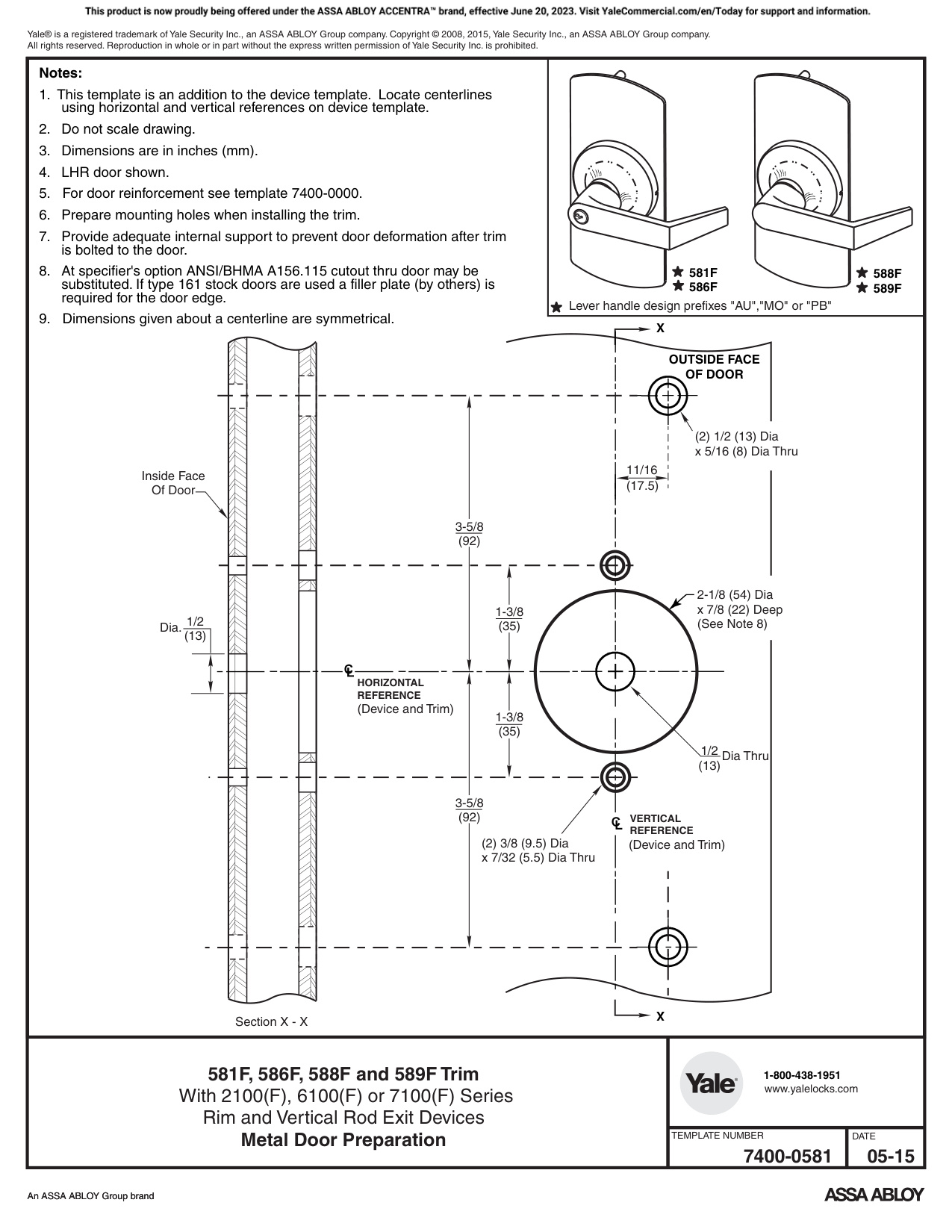 ASSA ABLOY ACCENTRA 581F, 586F, 588F and 589F Trim for 2100(F), 6100(F) and 7100(F) Series Template_7400-0581 diagram on page