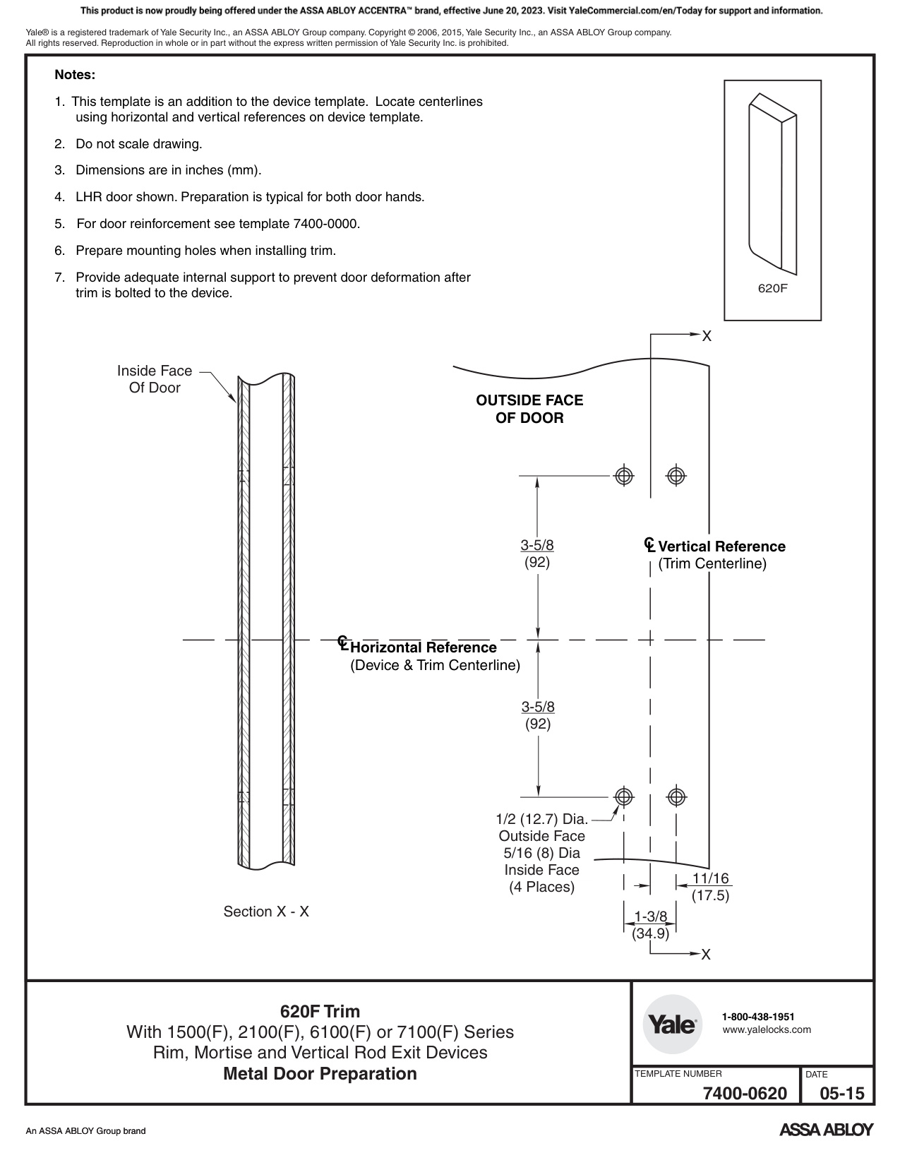 ASSA ABLOY ACCENTRA 620F Trim for 1500(F), 2100(F), 6100ED(F), and 7100(F) Series Wide Stile Rim_7400-0620 diagram on page 1