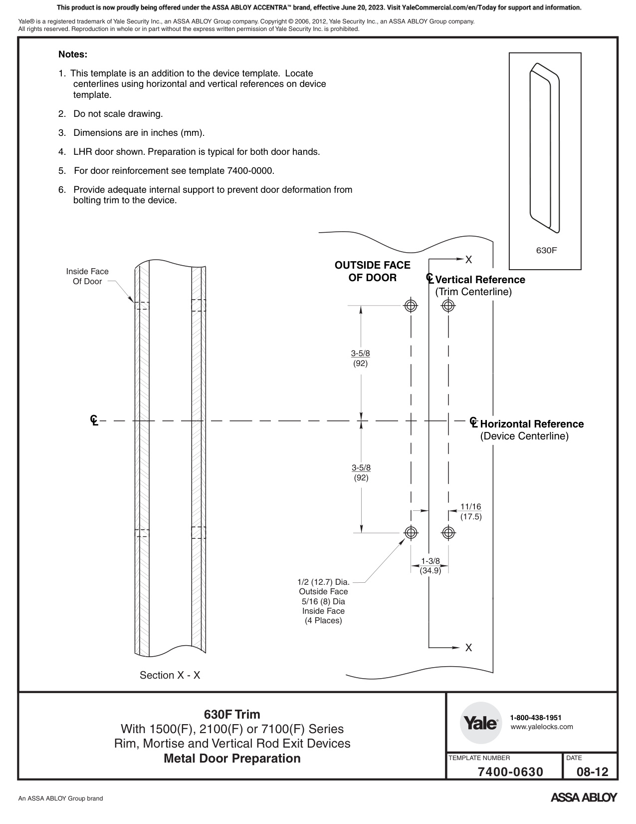 ASSA ABLOY ACCENTRA 630F Trim for 1500(F), 2100(F), 6100ED(F), and 7100(F) Series Wide Stile Rim_7400-0630 diagram on page 1