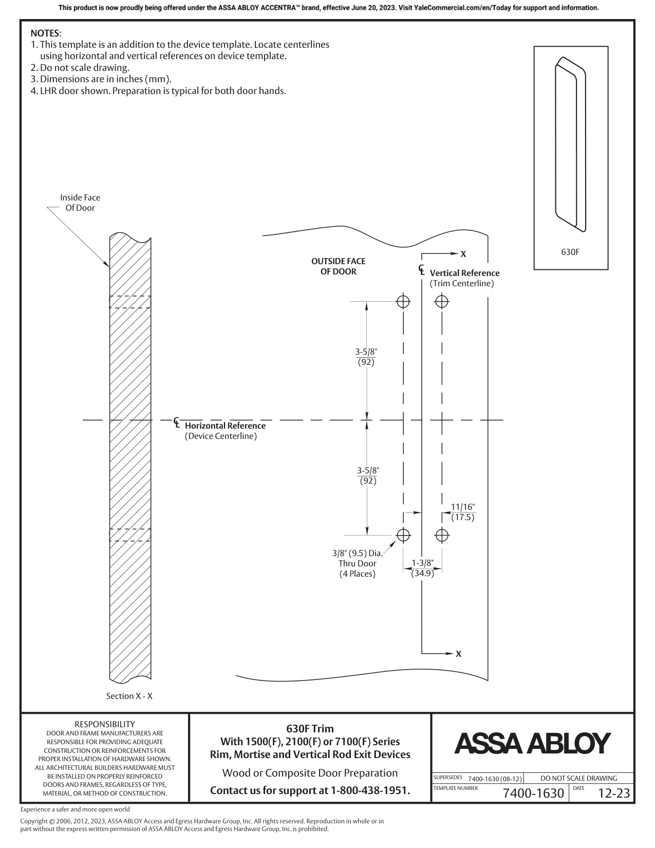 ASSA ABLOY ACCENTRA 630F Trim for 1500(F), 2100(F), 6100ED(F), and 7100(F) Series Wide Stile Rim_7400-1630 diagram on page 1