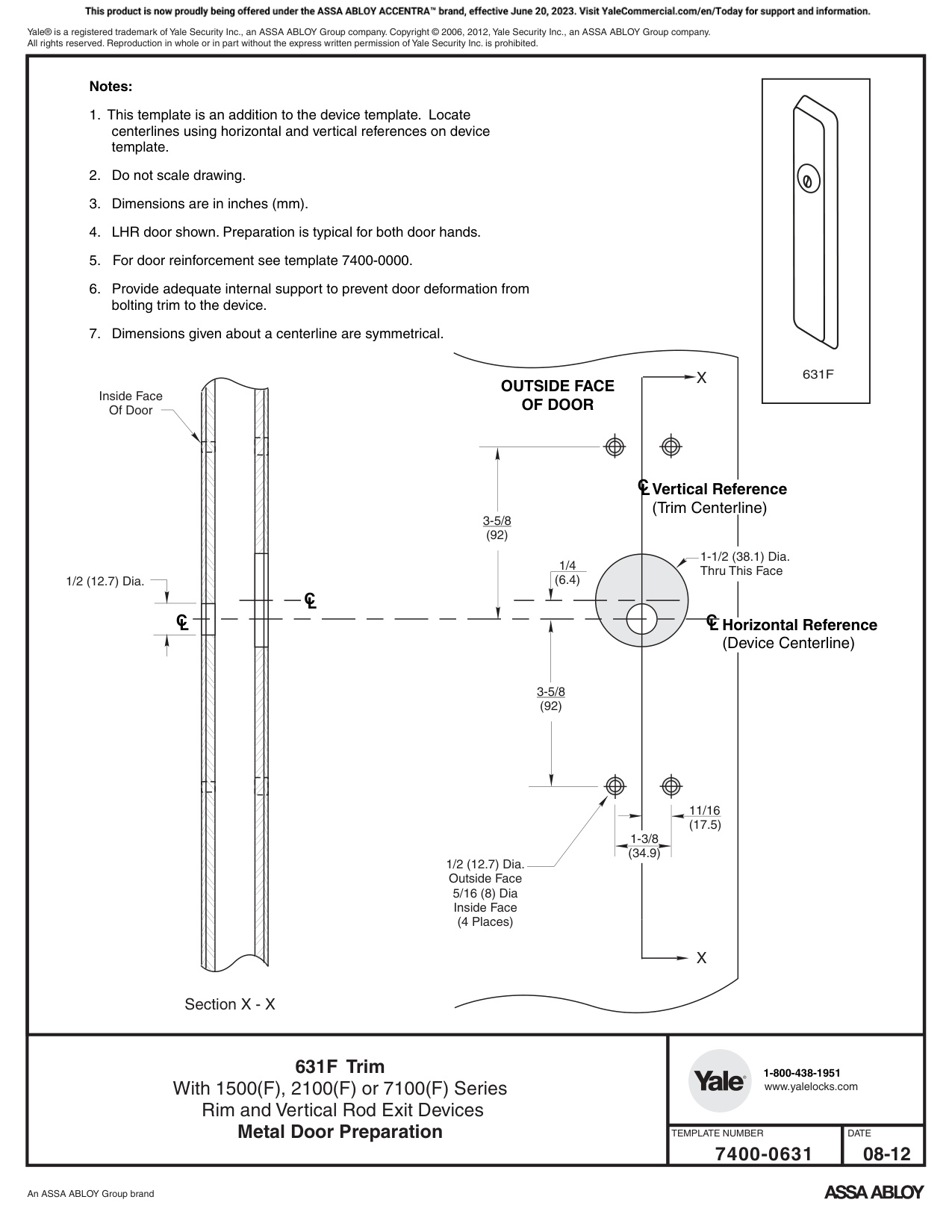 ASSA ABLOY ACCENTRA 631F Trim for 1500(F), 2100(F), and 7100(F) Series Wide Stile Rim, SquareBolt_7400-0631 diagram on page 1