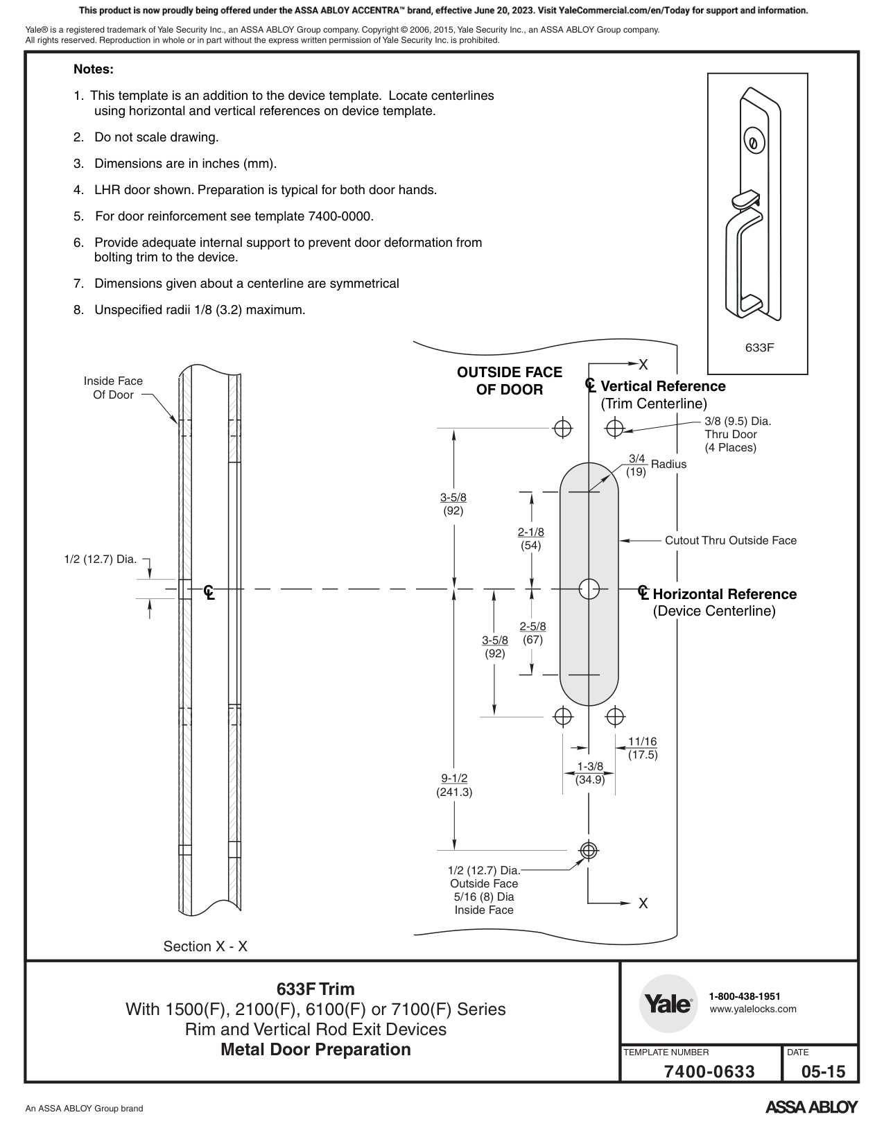 ASSA ABLOY ACCENTRA 633F Trim for 1500(F), 2100(F), 6100ED(F), and 7100(F) Series Wide Stile Rim_7400-0633 diagram on page 1