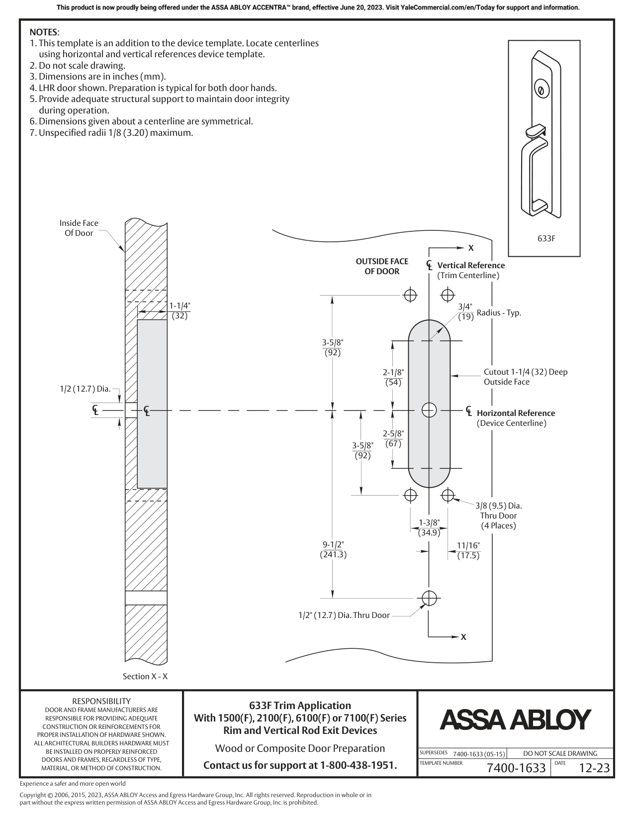 ASSA ABLOY ACCENTRA 633F Trim for 1500(F), 2100(F), 6100ED(F), and 7100(F) Series Wide Stile Rim_7400-1633 diagram on page 1