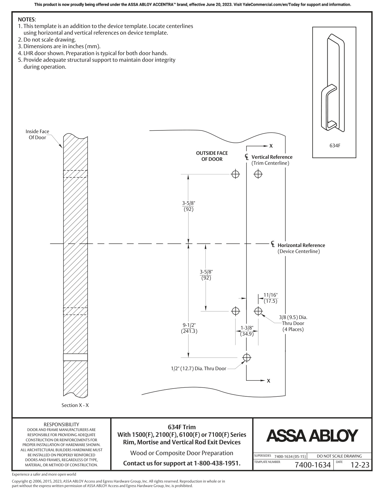 ASSA ABLOY ACCENTRA 634F Trim for 1500(F), 2100(F), 6100ED(F), and 7100(F) Series Wide Stile Rim_7400-1634 diagram on page 1