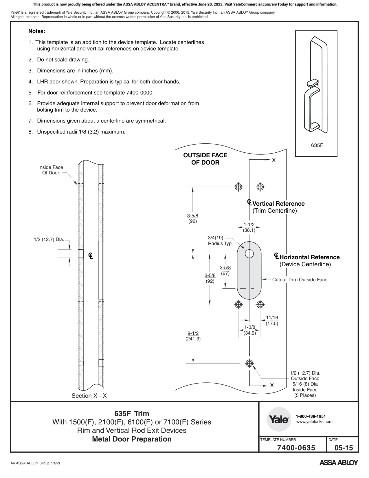 ASSA ABLOY ACCENTRA 635F Trim for 1500(F), 2100(F), 6100ED(F), and 7100(F) Series Wide Stile Rim_7400-0635 diagram on page 1