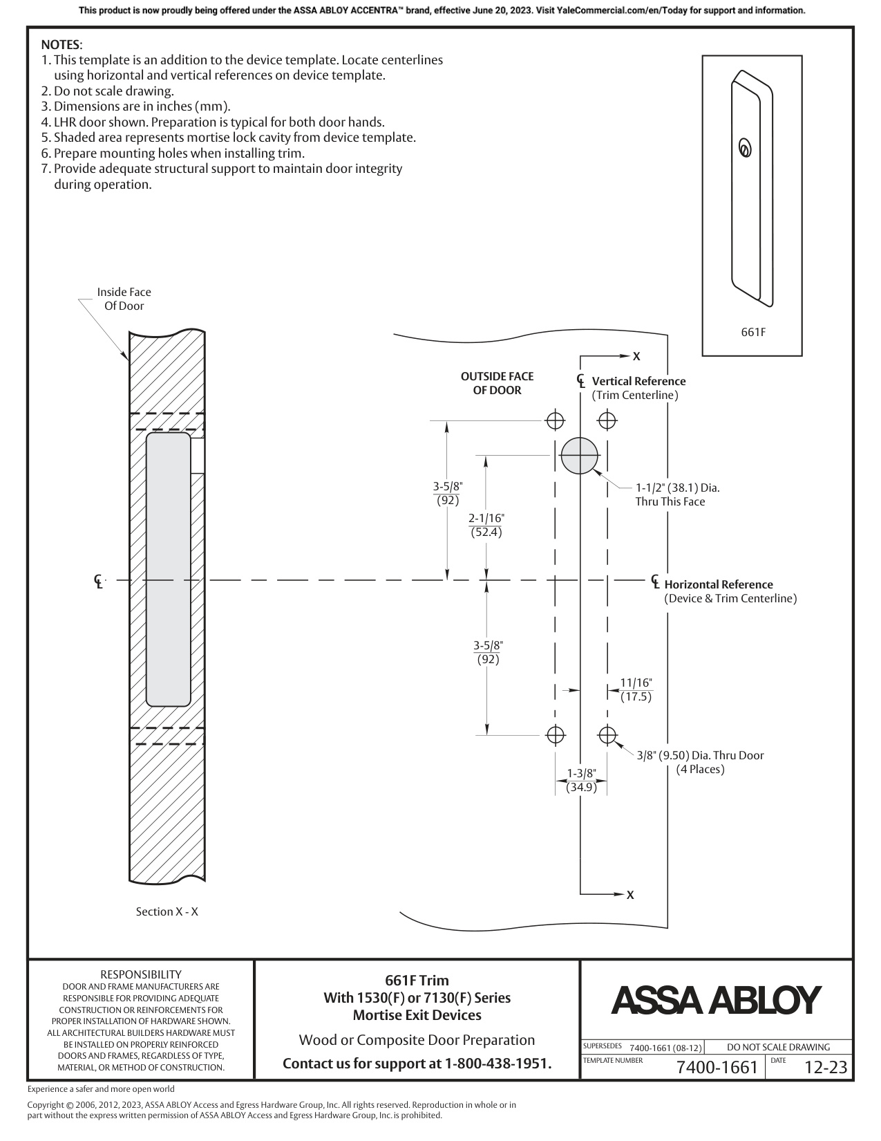 ASSA ABLOY ACCENTRA 661F Trim for 1500(F) and 7100(F) Series Wide Stile Mortise Nightlatch (03_7400-1661 diagram on page 1