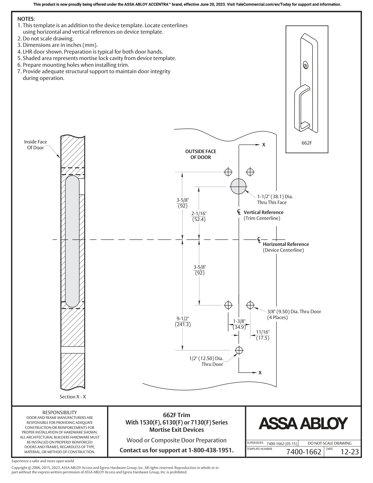 ASSA ABLOY ACCENTRA 662F Trim for 1500(F), 6100ED(F), and 7100(F) Series Wide Stile Mortise_7400-1662 diagram on page 1
