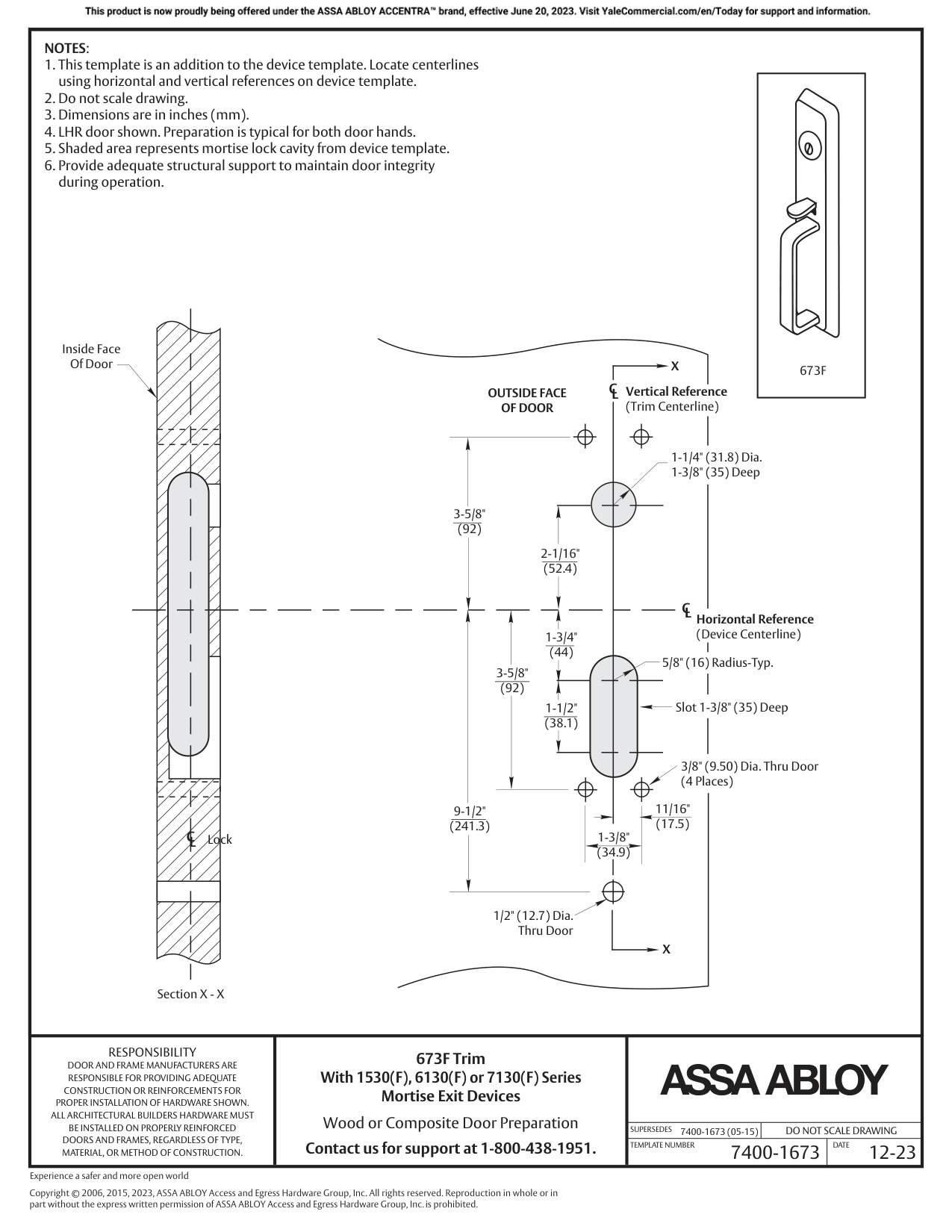 ASSA ABLOY ACCENTRA 673F Trim for 1500(F), 6100ED(F), and 7100(F) Series Wide Stile Mortise_7400-1673 diagram on page 1