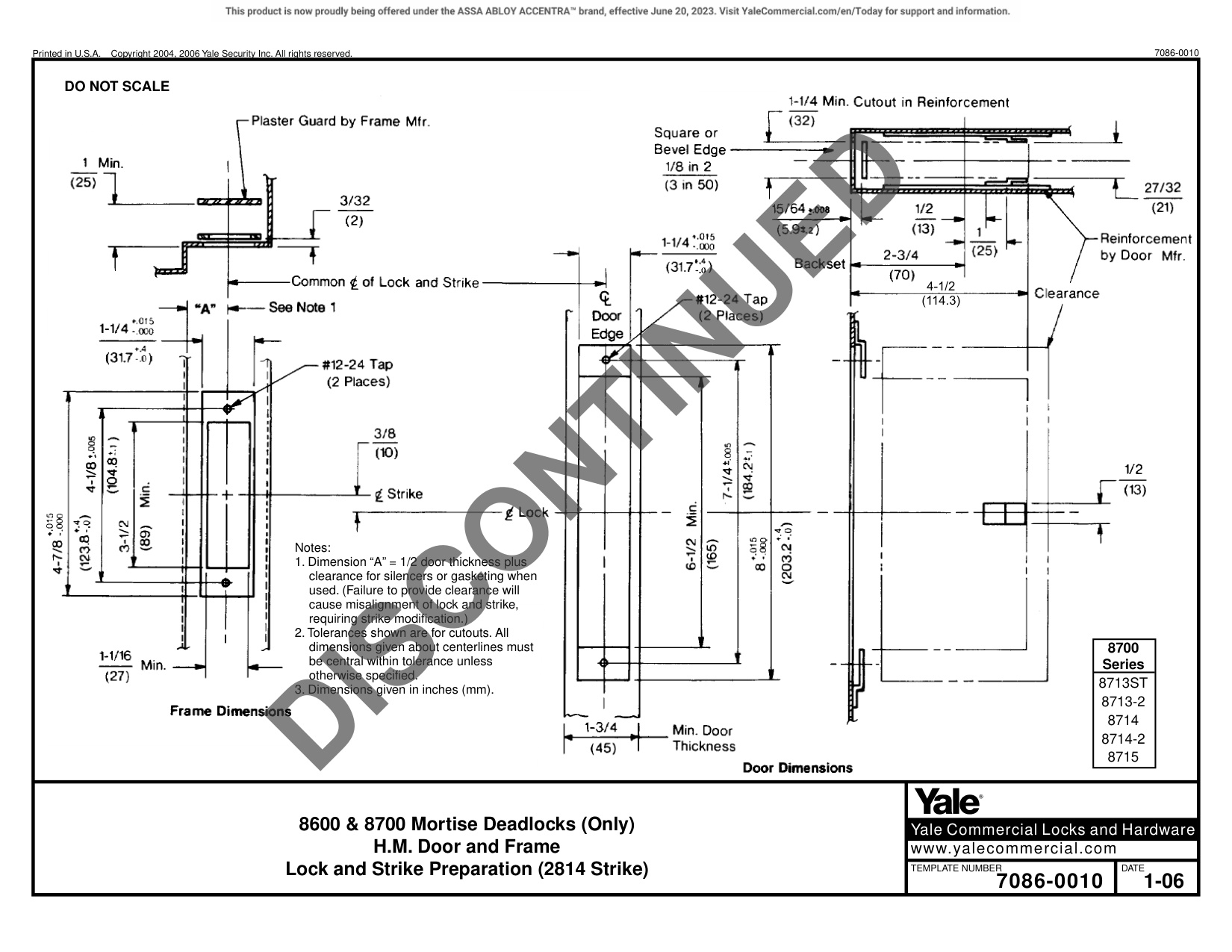 ASSA ABLOY ACCENTRA 8600, 8700 Deadlock Door & Frame Prep (2814 Strike) Template_7086-0010 diagram on page 1