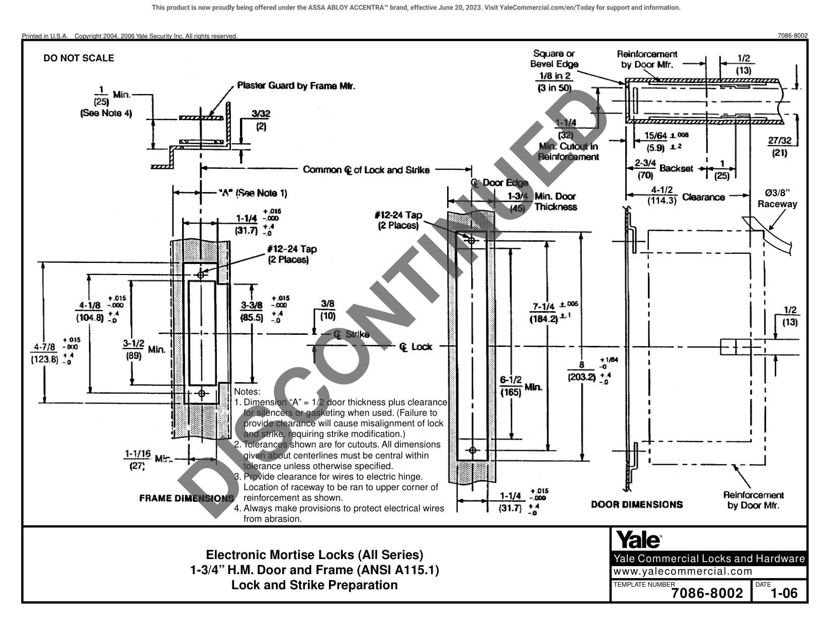 ASSA ABLOY ACCENTRA E8800FL eBoss Series Electronic Mortise Lock and Strike Prep Template_7086-8002 diagram on page 1