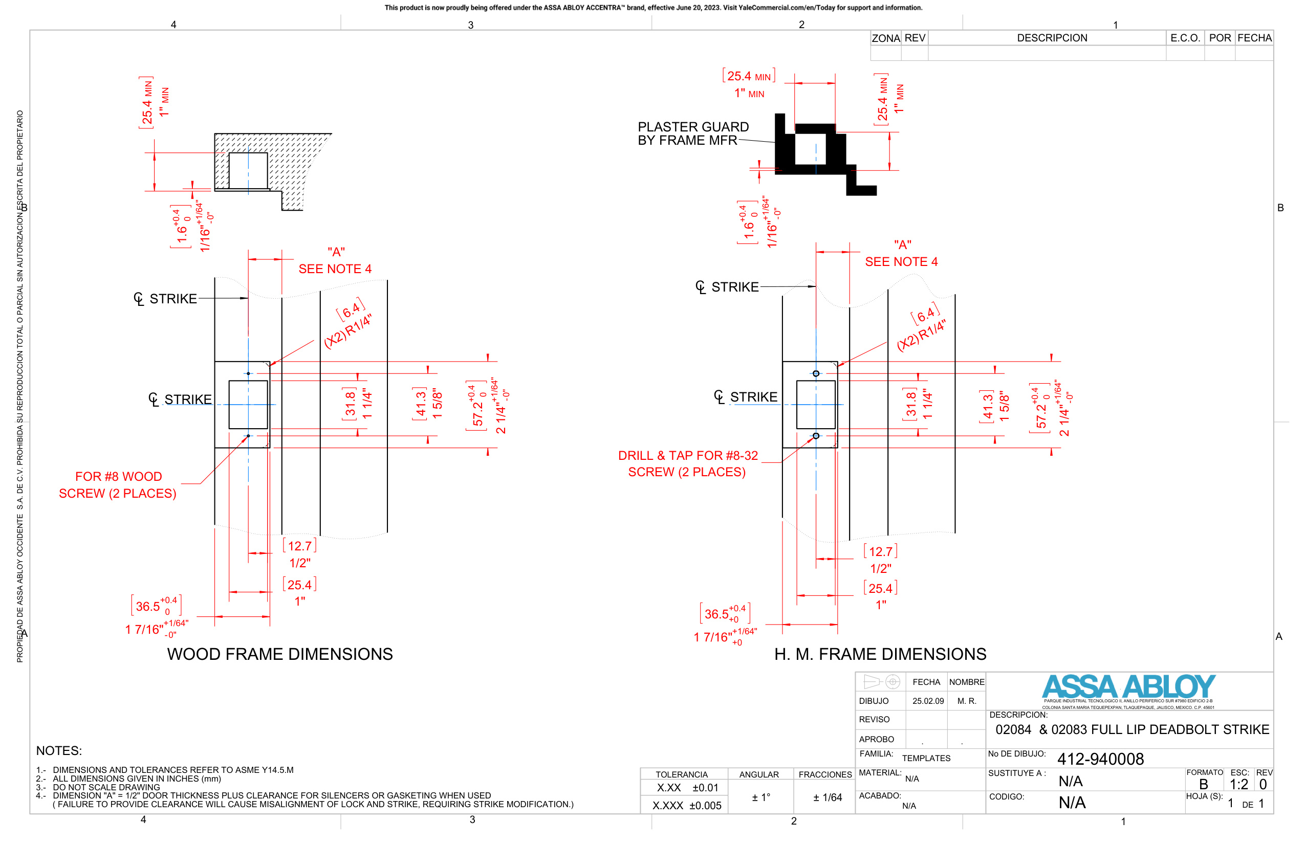 ASSA ABLOY ACCENTRA Full Lip Deadbolt Strike, Square & Radius Corner, 2-1, 4 x 1-3, 4 Template_412-940008 diagram on page 1