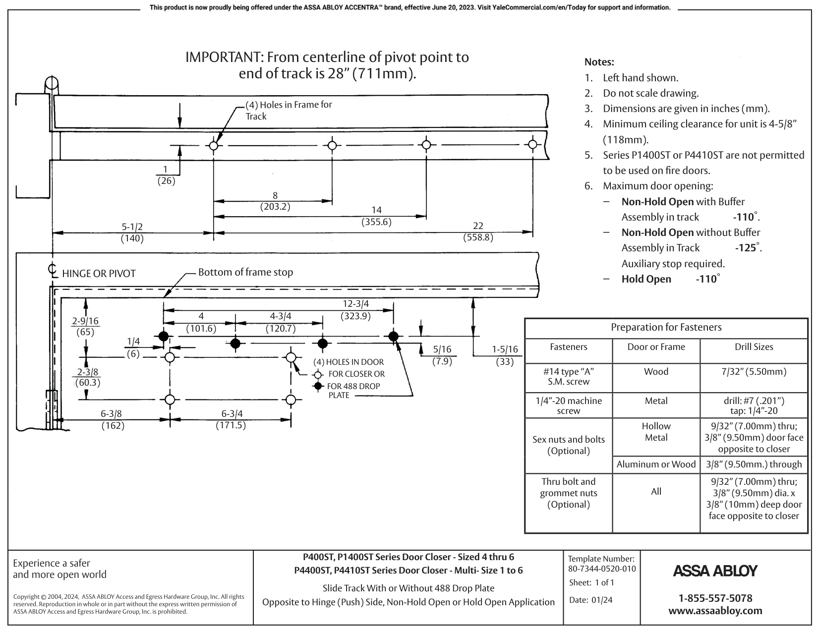 ASSA ABLOY ACCENTRA P4400ST, P4410ST Door Closer Slide Track, Push Side, Non-Hold Open or Hold Open_7344-0520 diagram on page