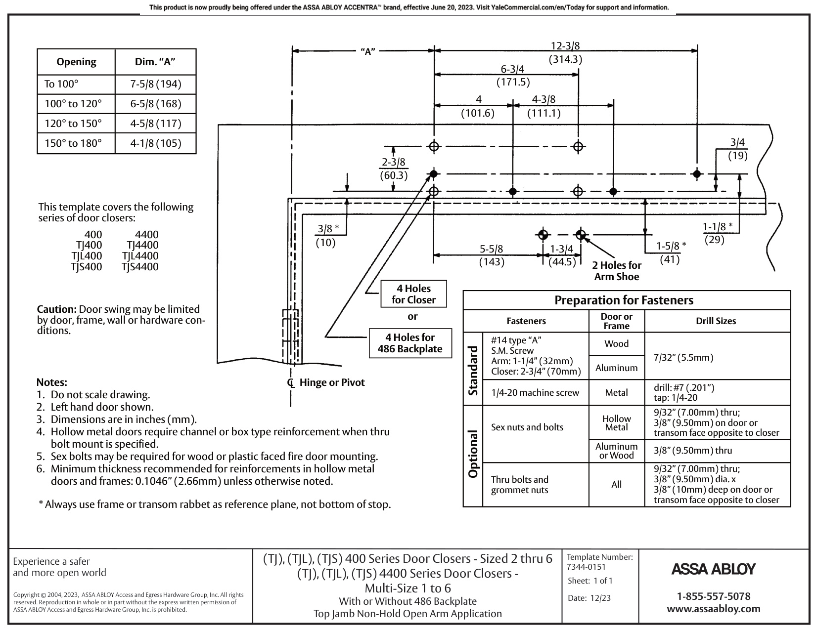 ASSA ABLOY ACCENTRA TJ4400, TJL4400, TJS4400 Door Closer Top Jamb Non-Hold Open Arm with or without_7344-0151 diagram on page