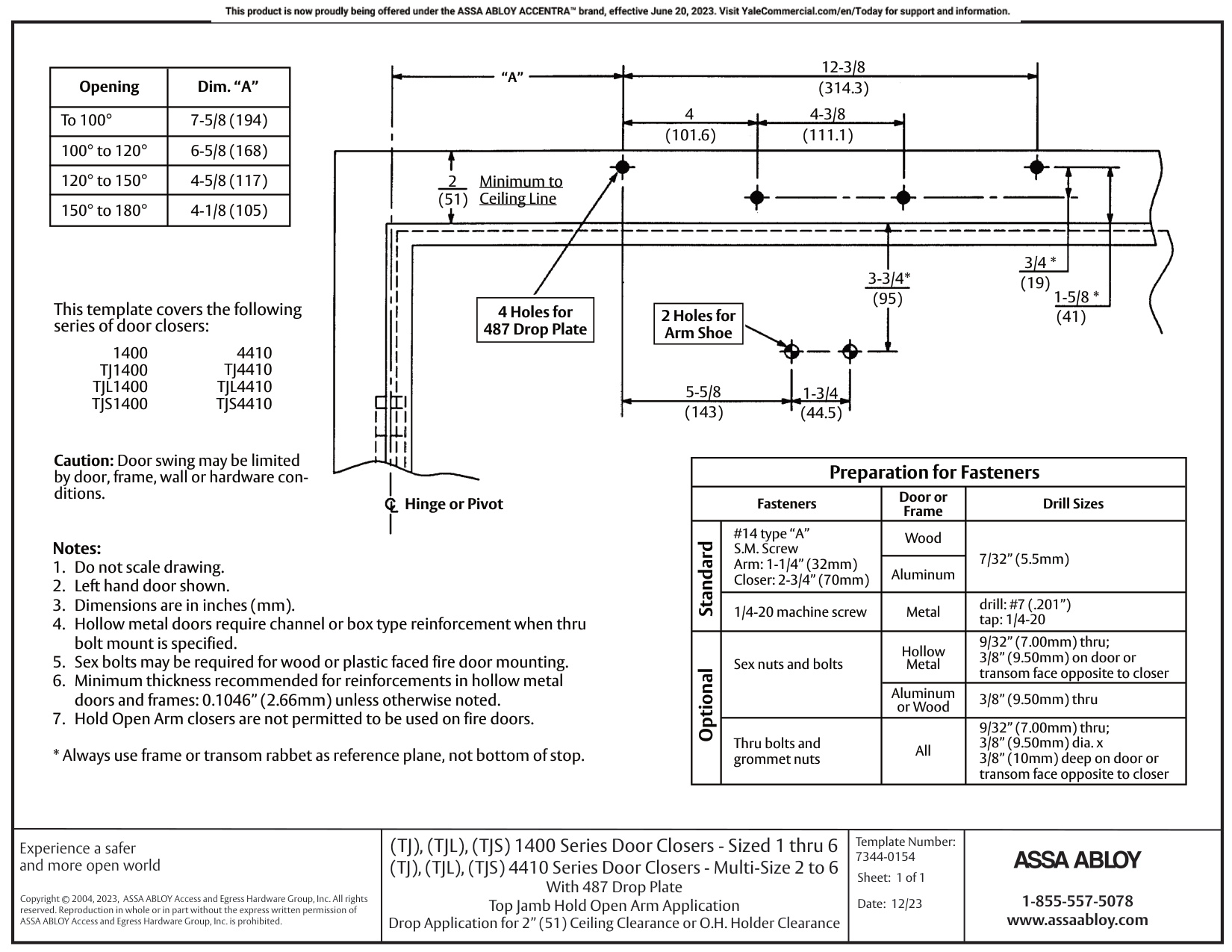 ASSA ABLOY ACCENTRA TJ4410, TJL4410, TJS4410 Door Closer Top Jamb Hold Open Arm with 487 Plate Multi_7344-0154 diagram on pag