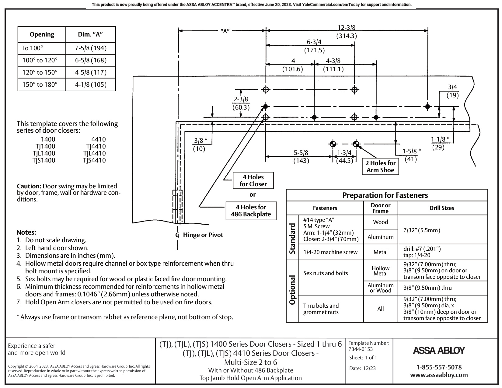 ASSA ABLOY ACCENTRA TJ4410, TJL4410, TJS4410 Door Closer Top Jamb Hold Open Arm with or without 486_7344-0153 diagram on page