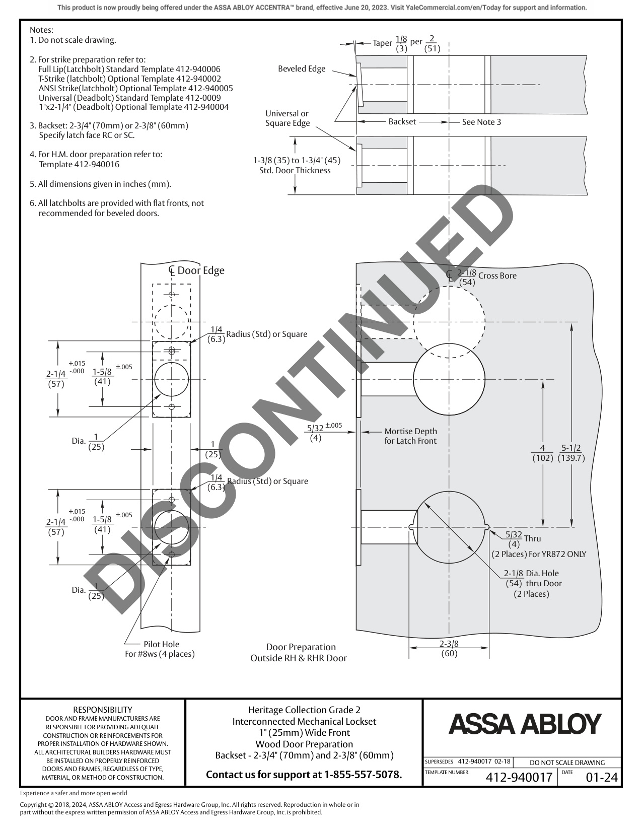 ASSA ABLOY ACCENTRA YH Collection Mortise Locks 2-3, 4 and 2-3, 8 Backsets 1 Wide Front Wood Door Template_412-940017 diagram