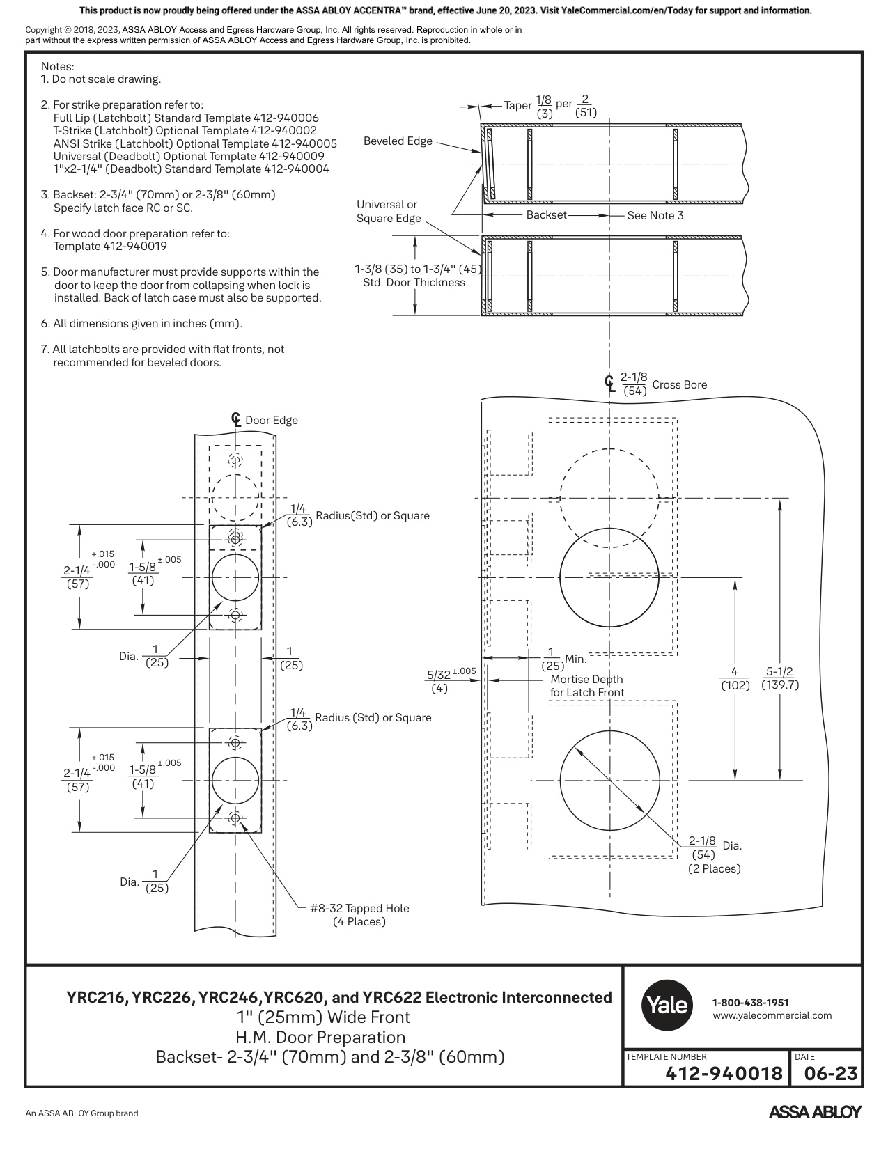 ASSA ABLOY ACCENTRA YRC216, 226, 246, 620, 622 Electronic Interconnected H.M. Door Prep Template_412-940018 diagram on page 1