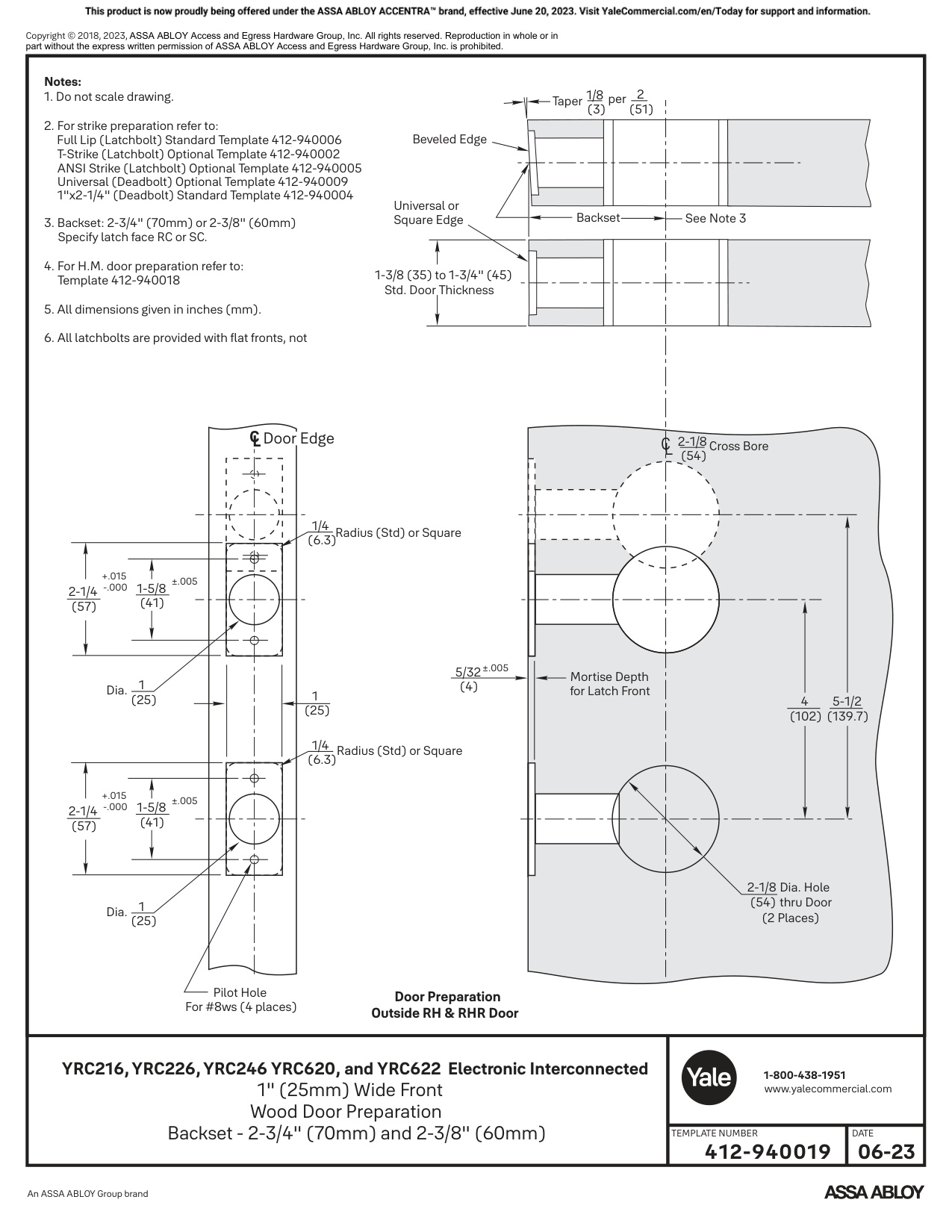 ASSA ABLOY ACCENTRA YRC216, 226, 246, 620, 622 Electronic Interconnected Wood Door Prep Template_412-940019 diagram on page 1