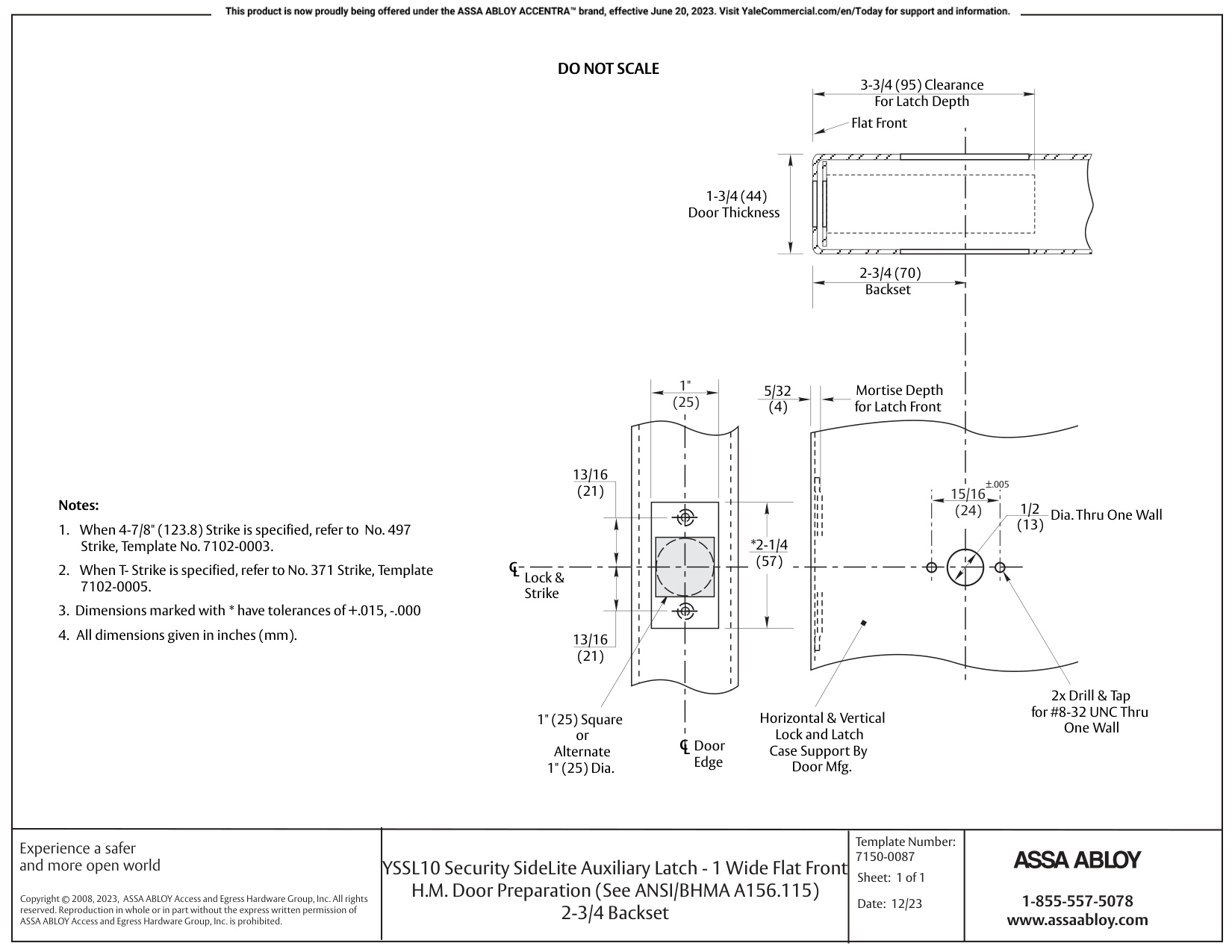 ASSA ABLOY ACCENTRA YSSL10 Auxiliary Latch Standard Strike Security SideLite 1 Wide Flat Front 2-3_7150-0087 diagram on page 