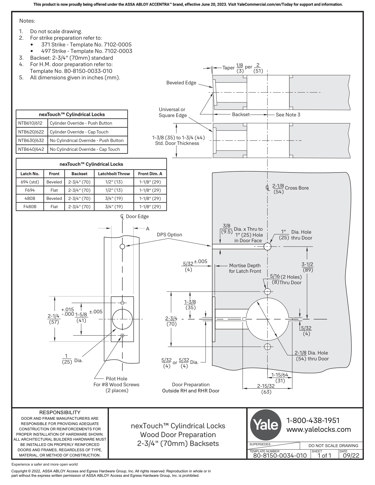 ASSA ABLOY ACCENTRA nexTouch NTB610, NTB620, NTB630, and NTB640 Cylindrical Locks 2-3, 4-Inch_80-8150-0034-010 diagram on pag