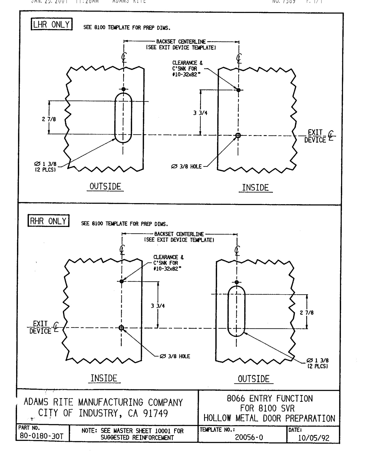 Adams Rite 8100 Exit Device Trim Metal Door 20056 Template diagram on page 1