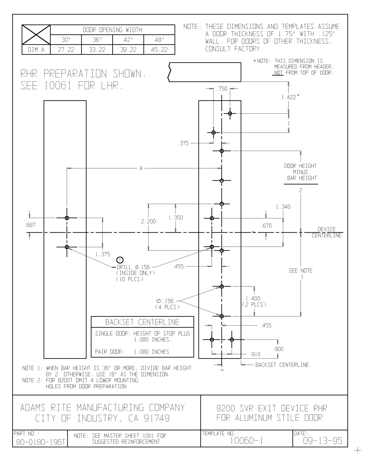 Adams Rite 8200 Exit Device (RHR) 10060 Template diagram on page 1